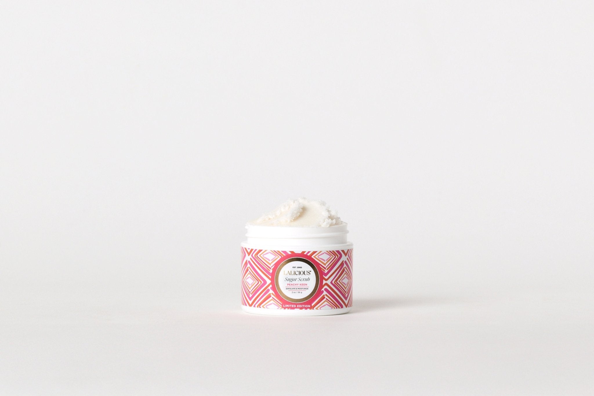 Peachy Keen Sugar Scrub 2oz jar without a cap on a white background - LALICIOUS