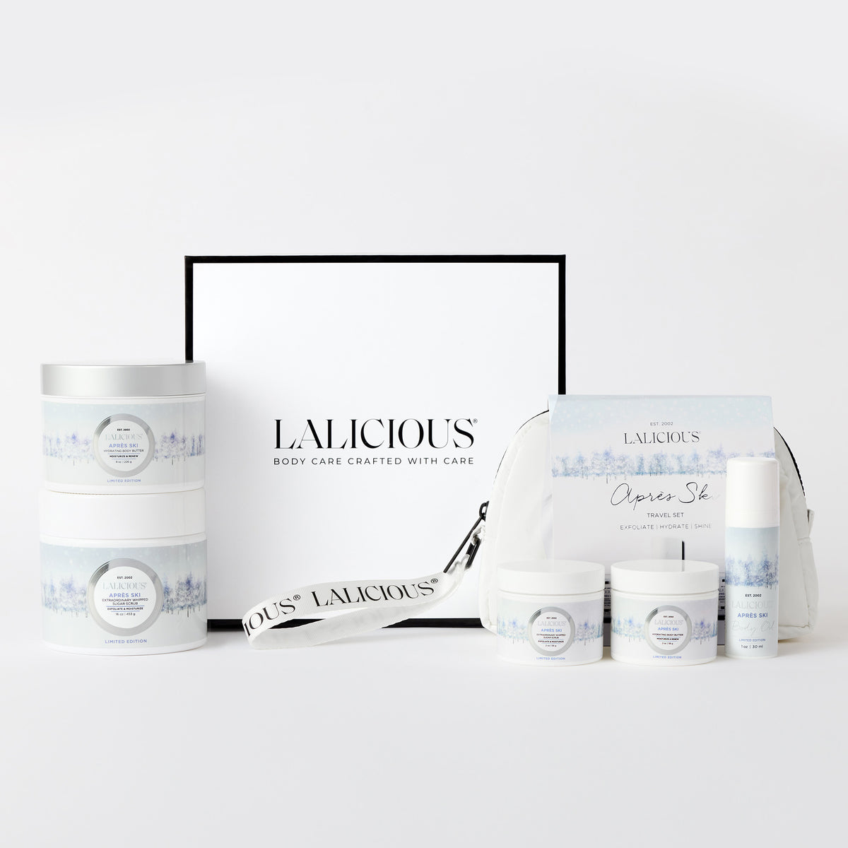 Après Ski Product Collection Sugar Scrub, Body Butter , travel set and box on a white background. LALICIOUS