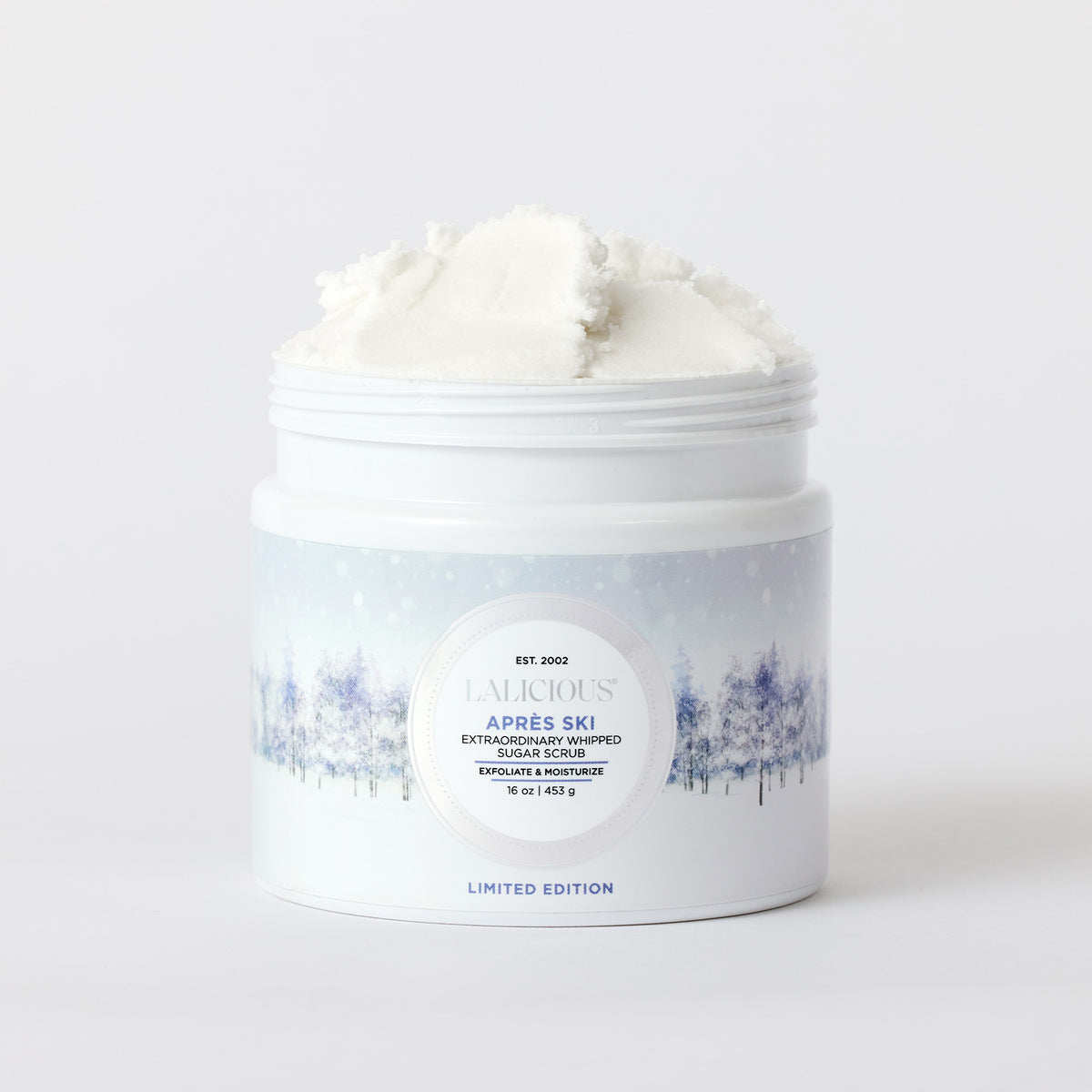 Après Ski Sugar Scrub 16oz jar without a cap on white background LALICIOUS