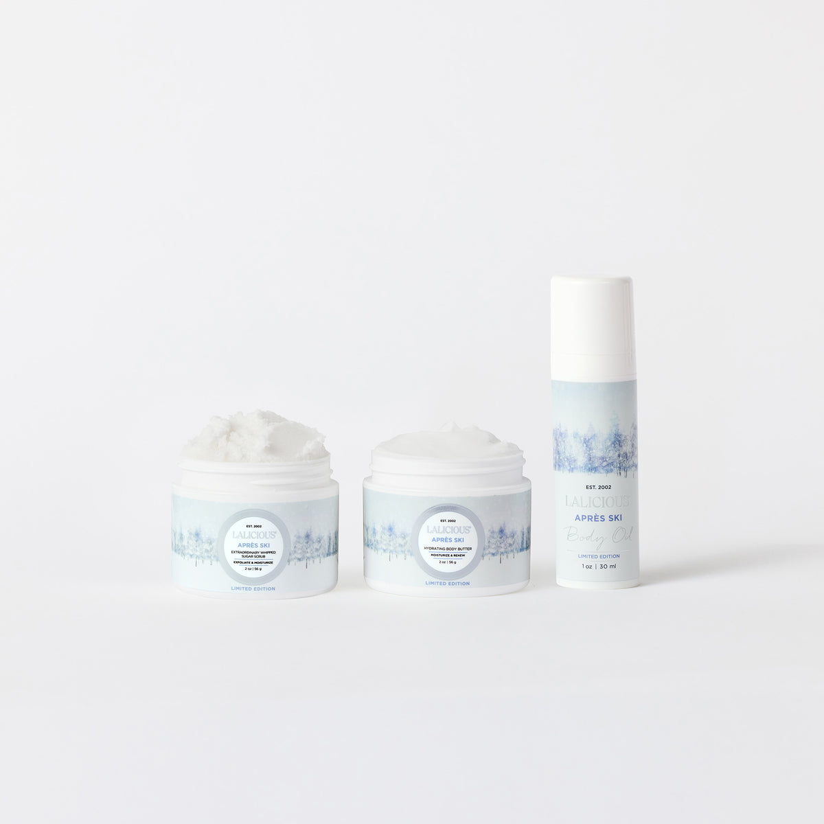 Après Ski Travel Set Products - 2oz Body Butter, 2oz Sugar Scrub and 1oz Body Oil, lined up on a white background. LALICIOUS
