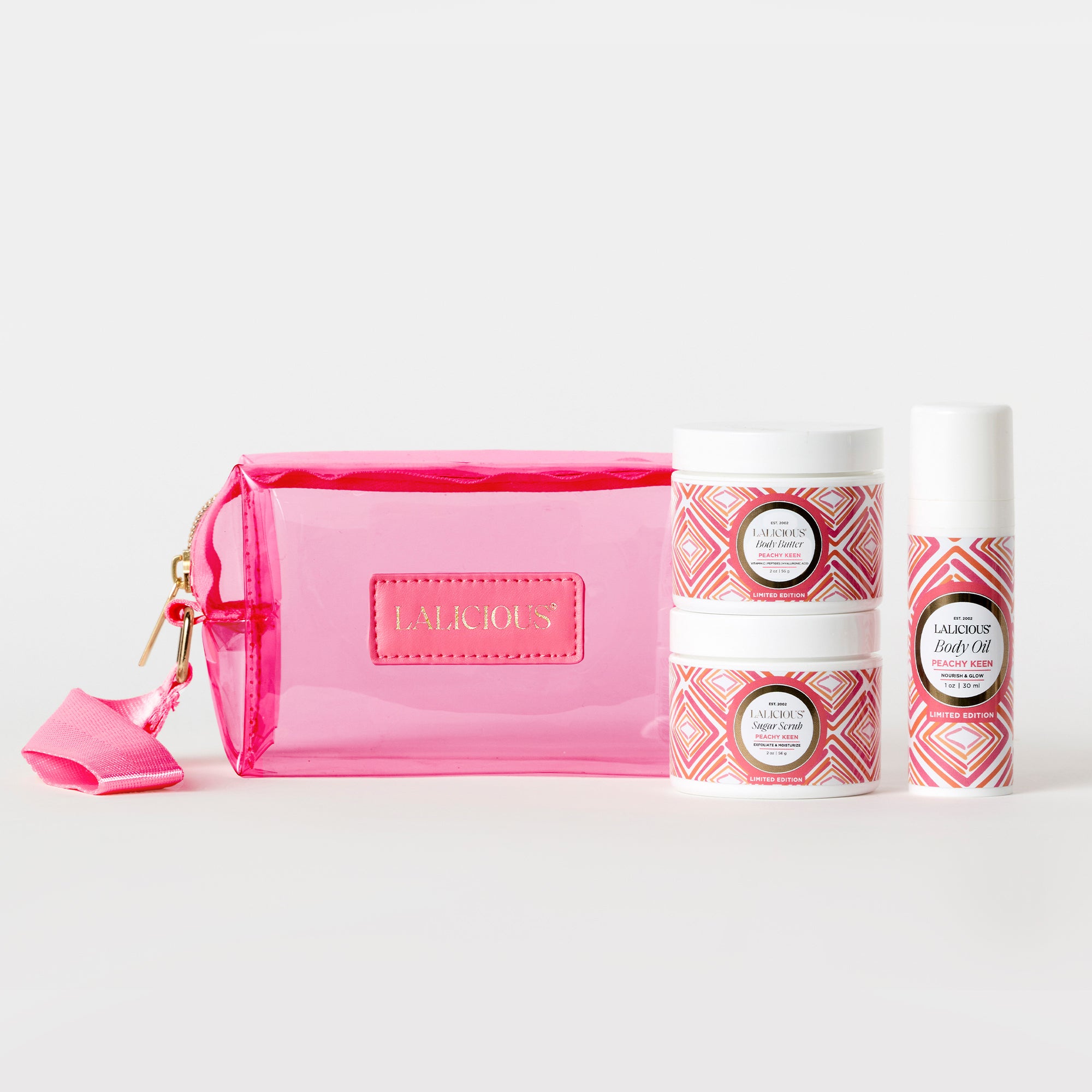 Peachy Keen Travel Set 2oz body butter jar, 2oz sugar scrub jar, 1oz body oil and pink bag- LALICIOUS