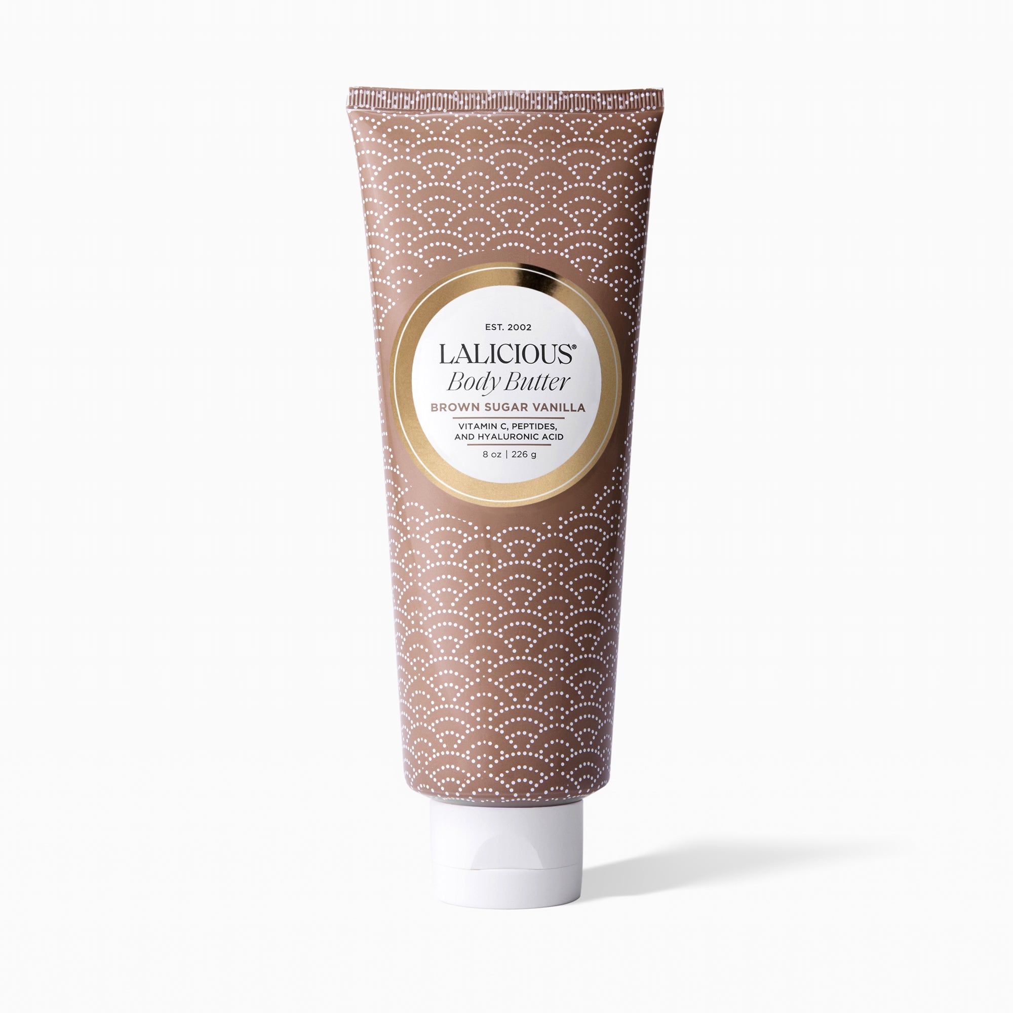 Brown Sugar Vanilla Body Butter tube with a light brown pattern on a white background- LALICIOUS