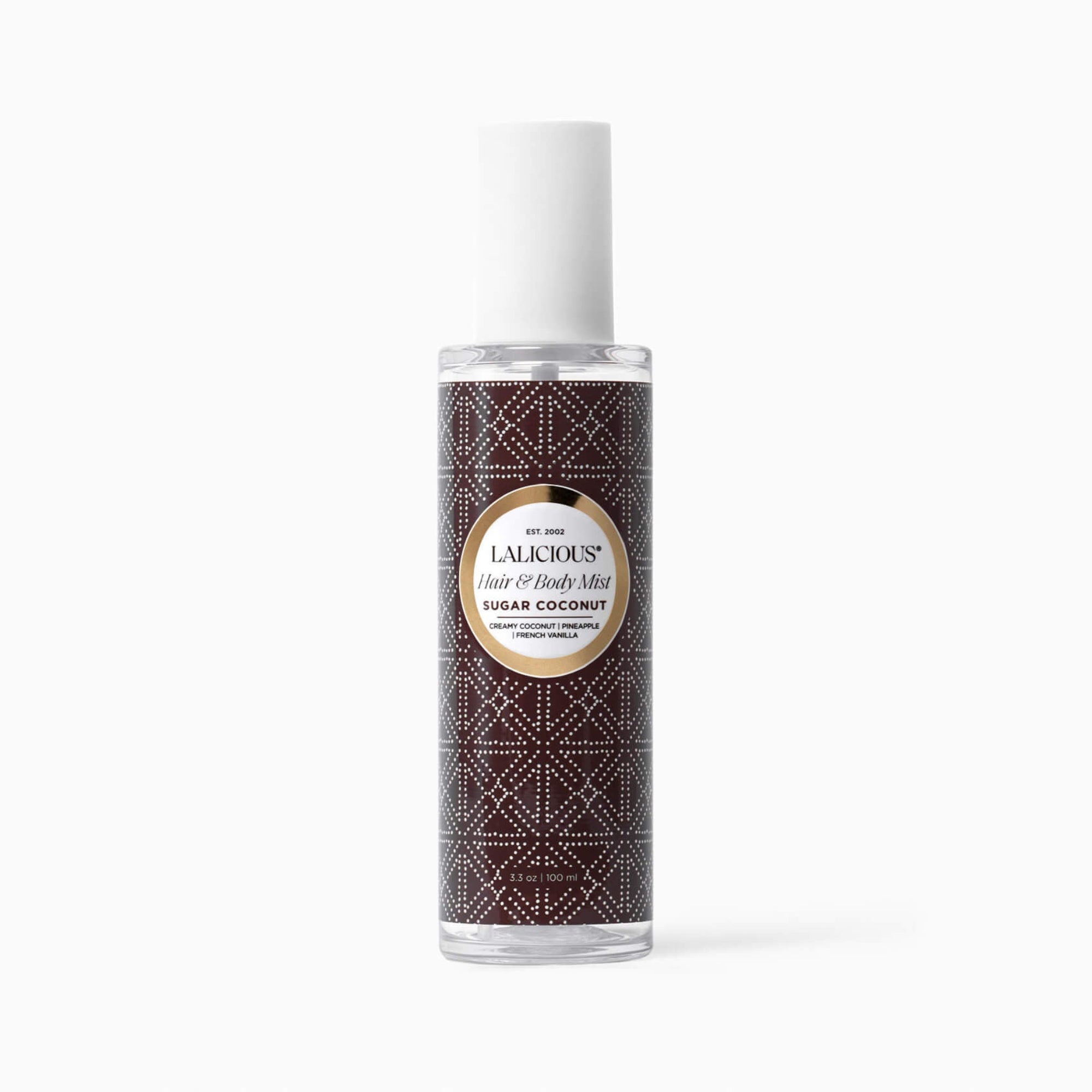 LALICIOUS Sugar Coconut Hair & Body Mist with brown pattern label on a white background.