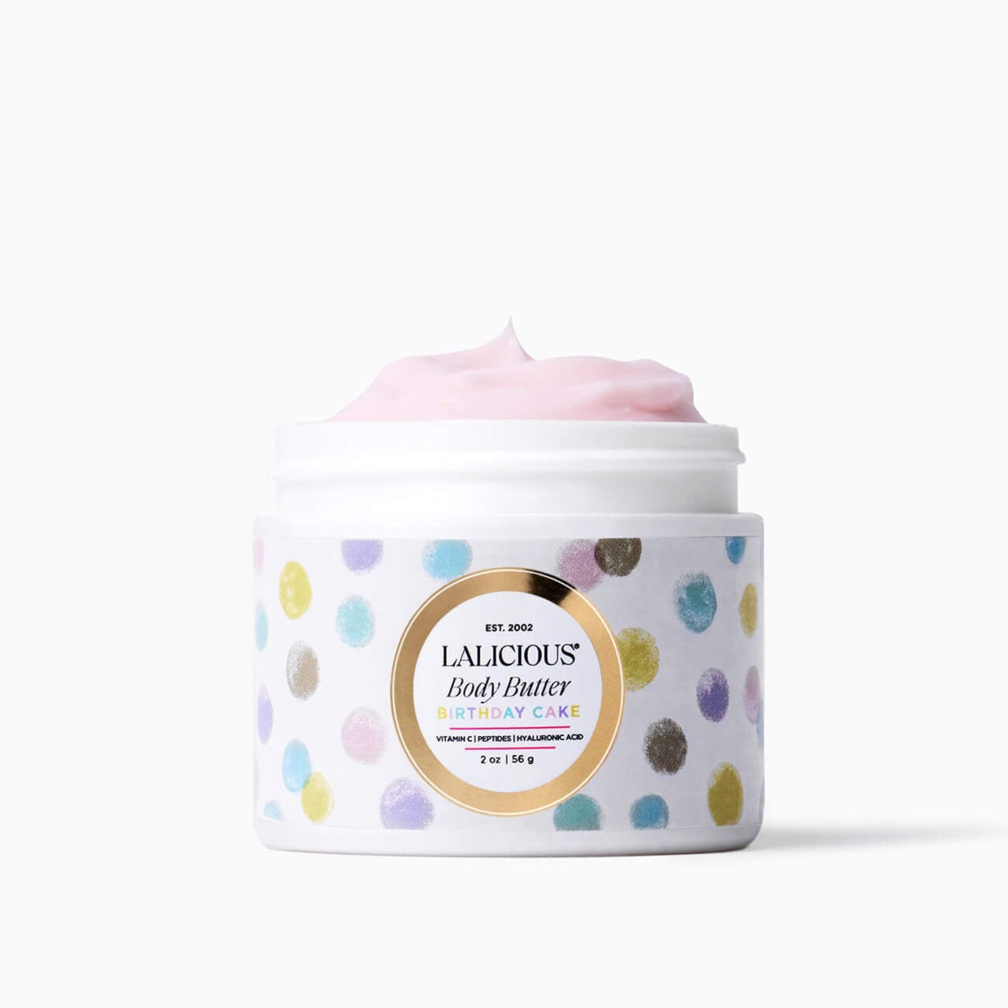 2oz jar of Birthday Cake Body Butter on a white background - LALICIOUS