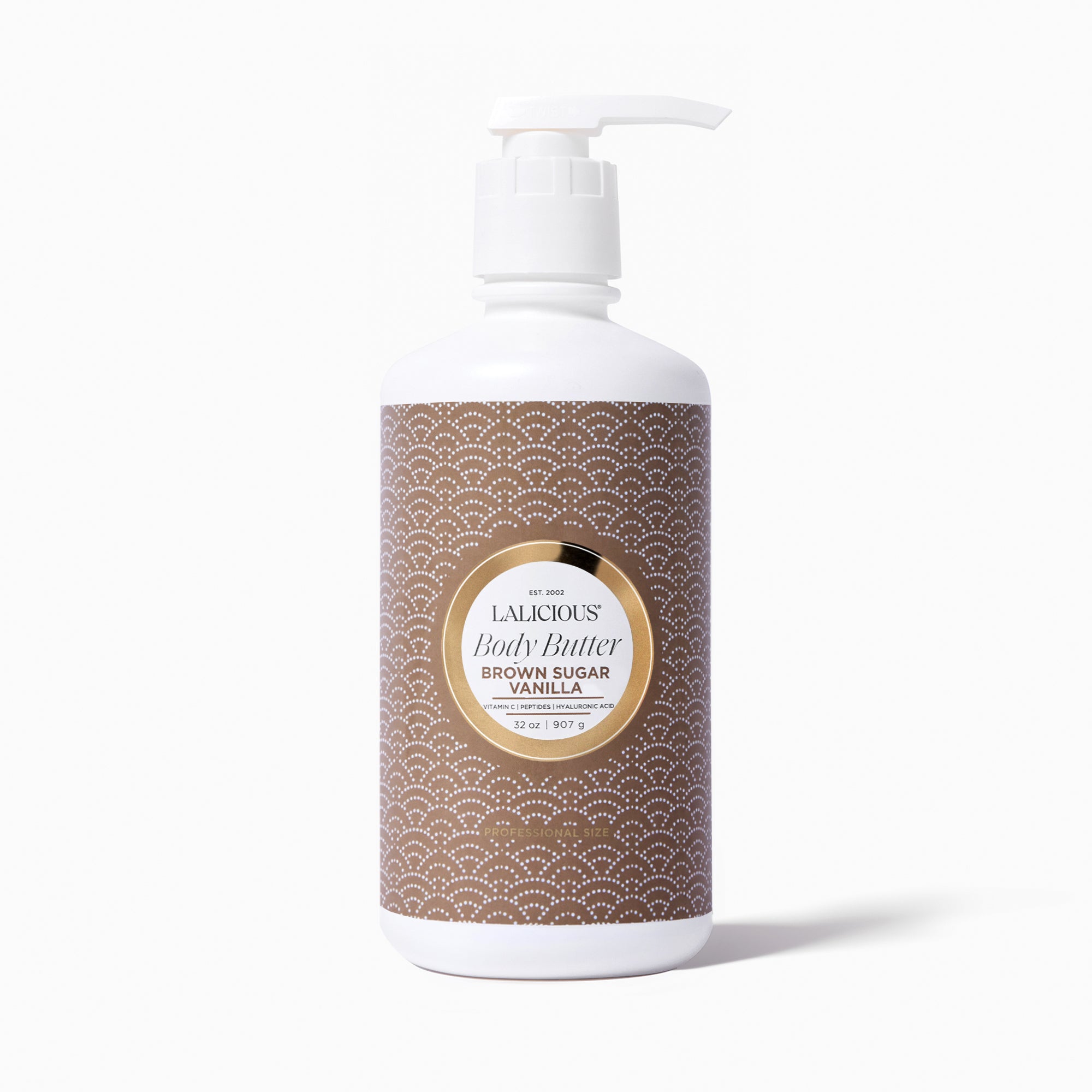 Value Size 32oz Brown Sugar Vanilla Body Butter Bottle with pump and a light brown pattern label on a white background- LALICIOUS