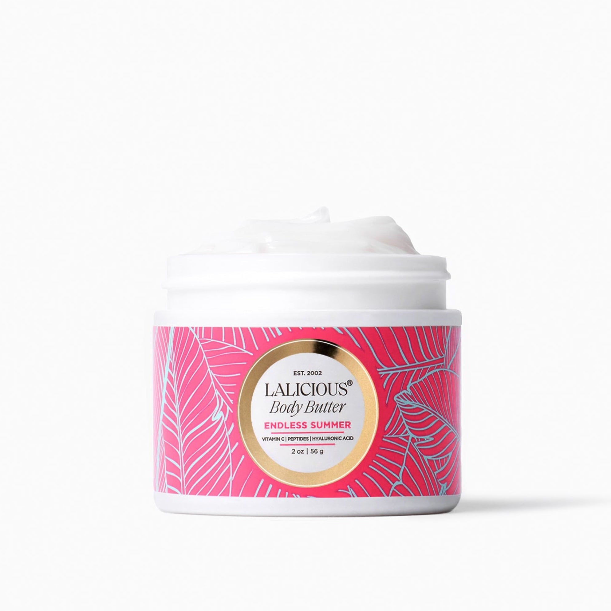 2oz jar of Endless Summer Body Butter with a hot pink label on a white background- LALICIOUS