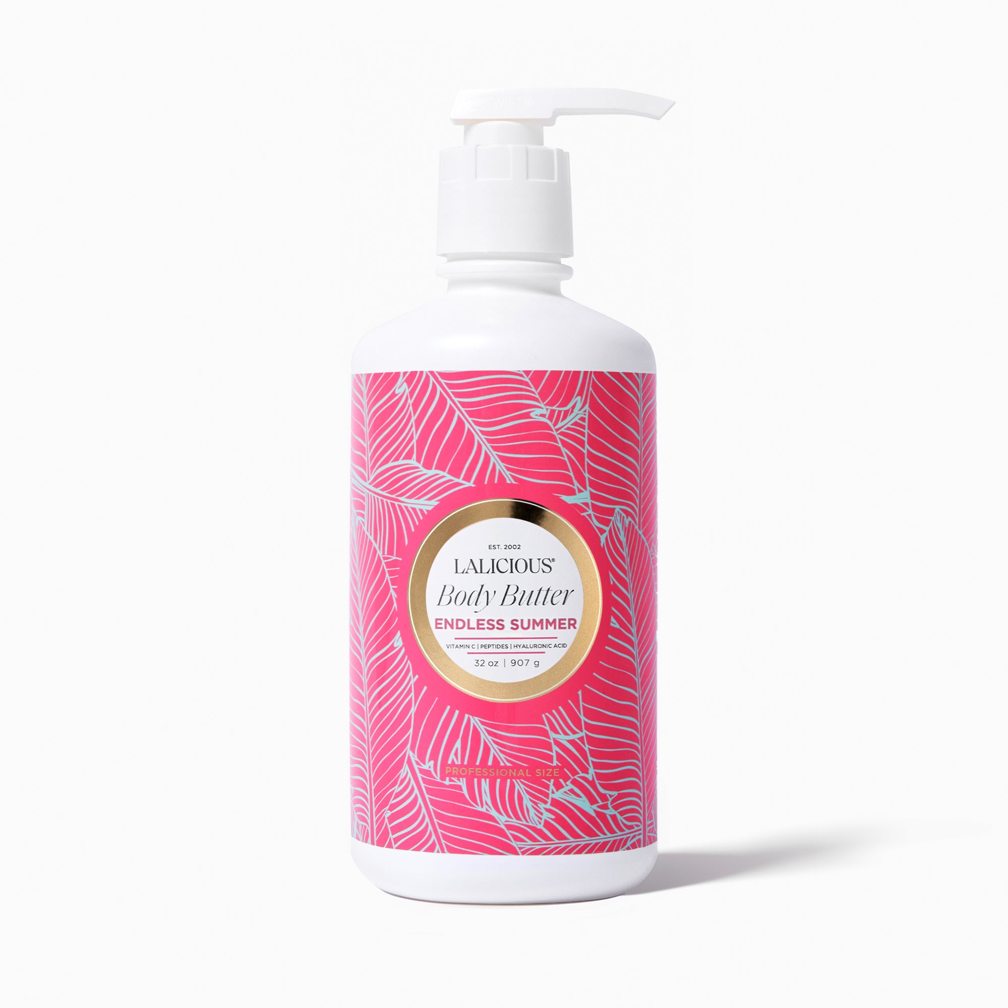 Value Size 32oz Endless Summer Body Butter bottle with a pump and hot pink label on a white background- LALICIOUS