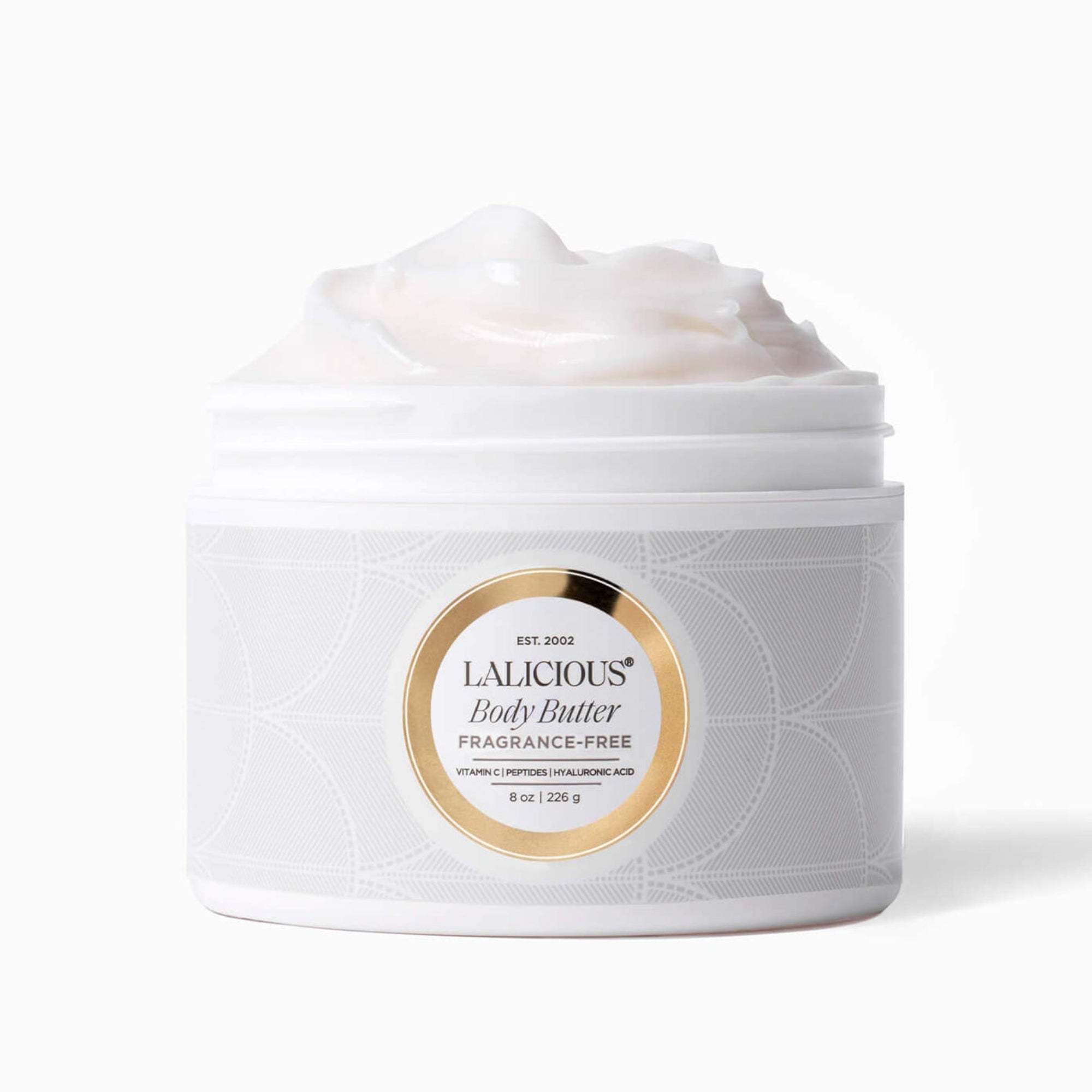 Jar of LALICIOUS 8oz Fragrance-free body butter without a cap on a white background