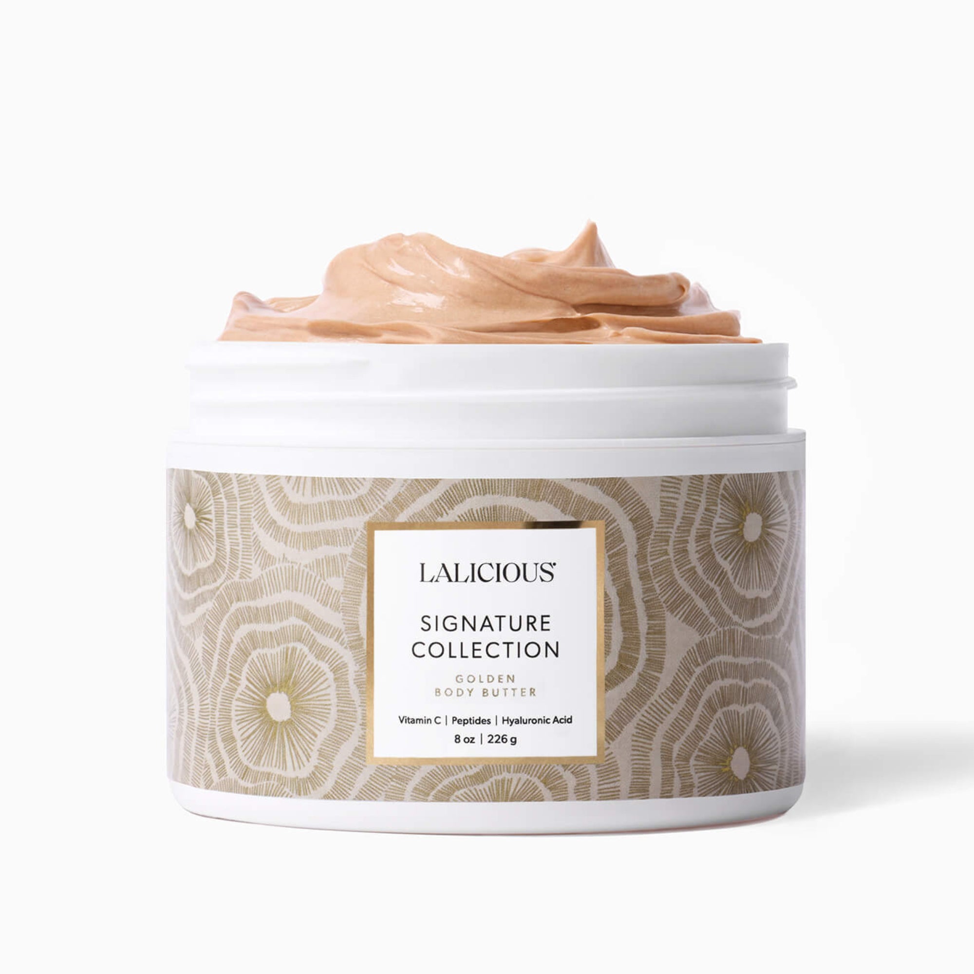 8oz Jar LALICIOUS Golden Body Butter without a cap with a visible brand label on a white background