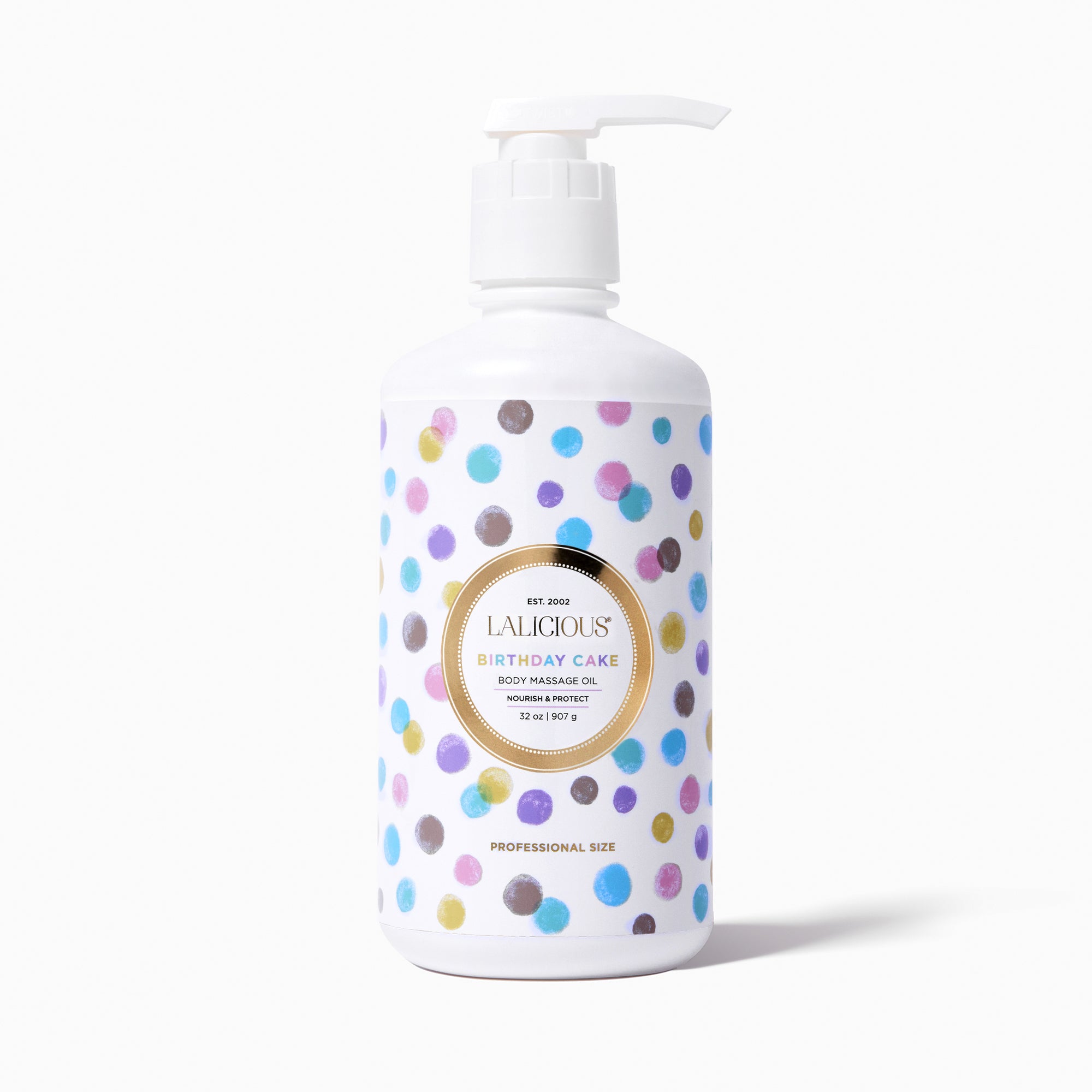 LALICIOUS 32oz Value Size Birthday Cake body oil bottle with pump and colorful polka dot design on a white background