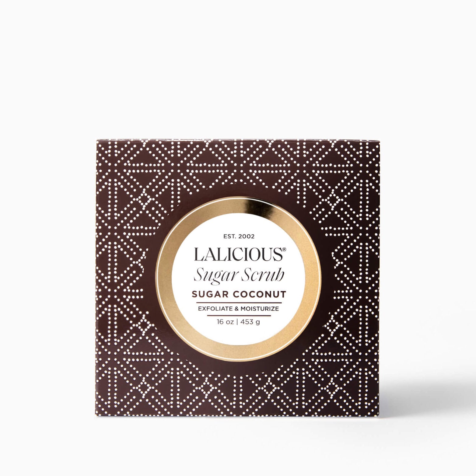 LALICIOUS Sugar Coconut Sugar Scrub box with decorative pattern on a white background