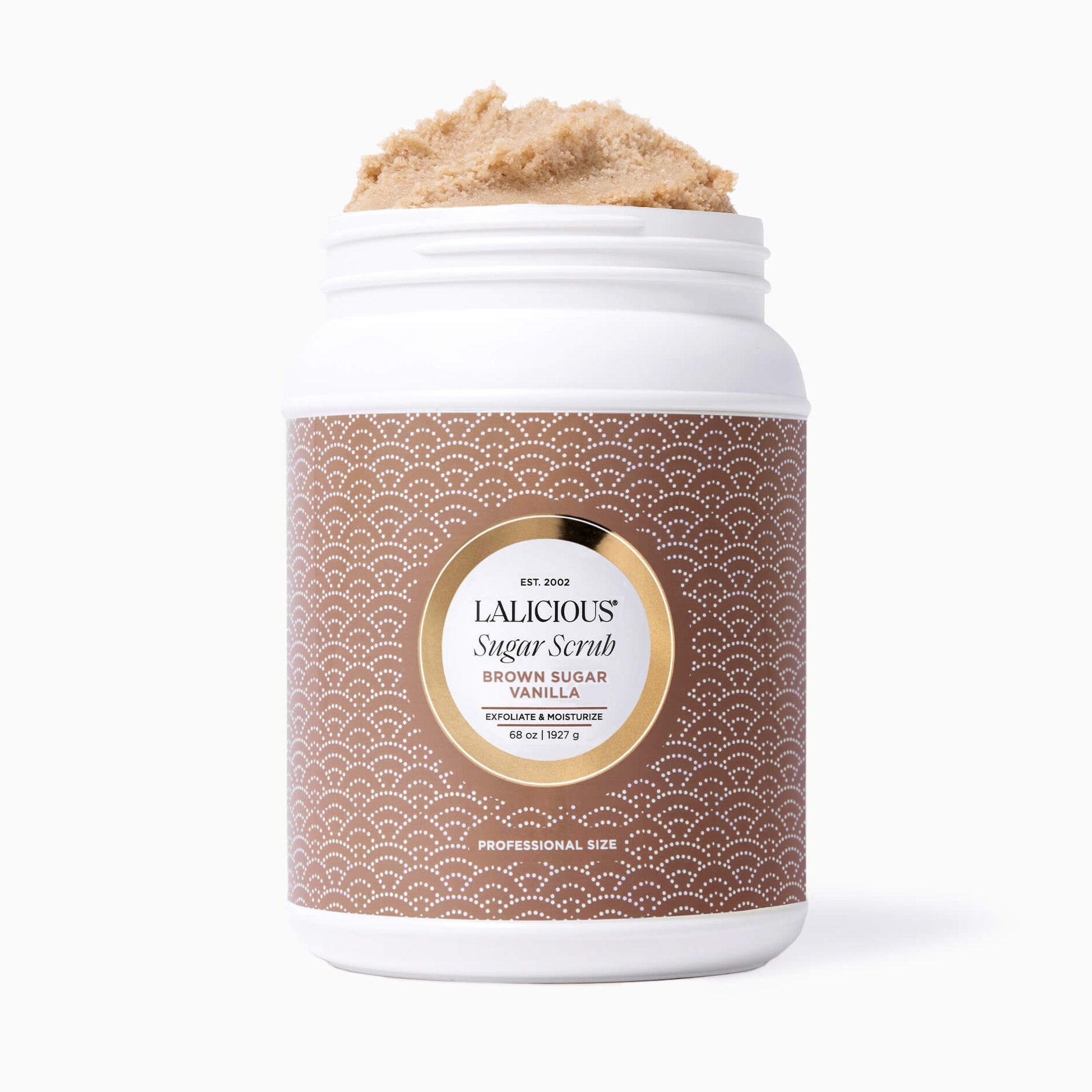 Value Size 68oz Brown Sugar Vanilla Sugar Scrub with no cap on a white background- LALICIOUS