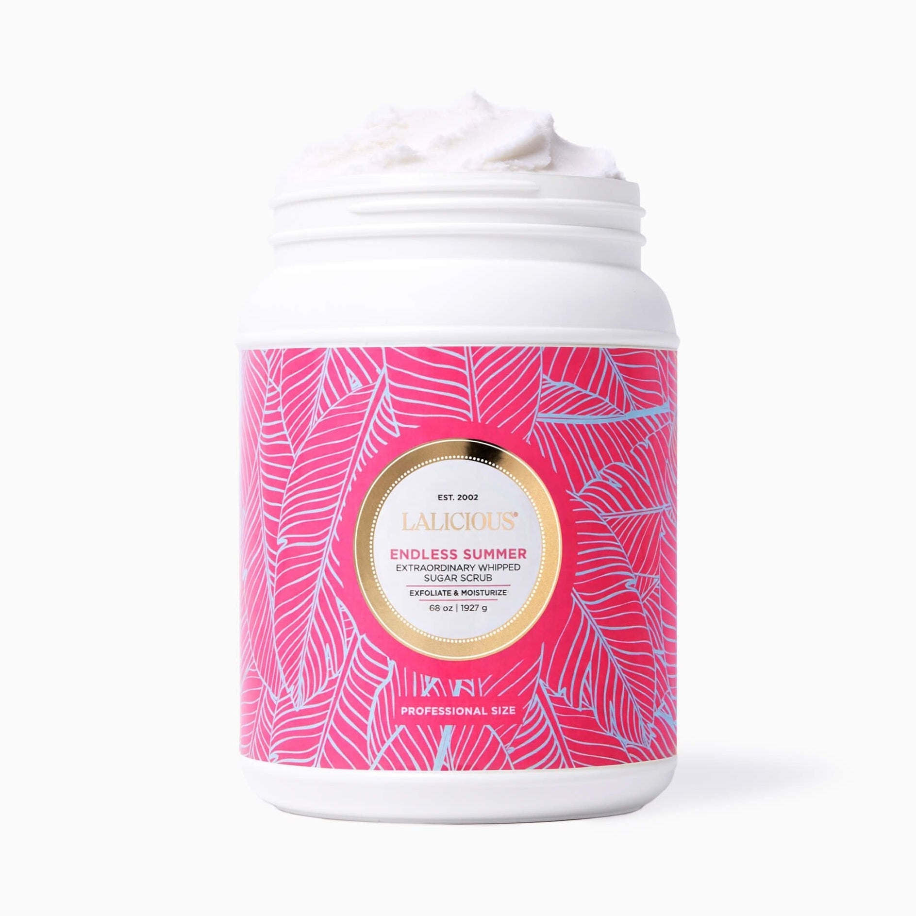 Value Size 68oz Endless Summer Sugar Scrub jar without a cap on a white background - LALICIOUS