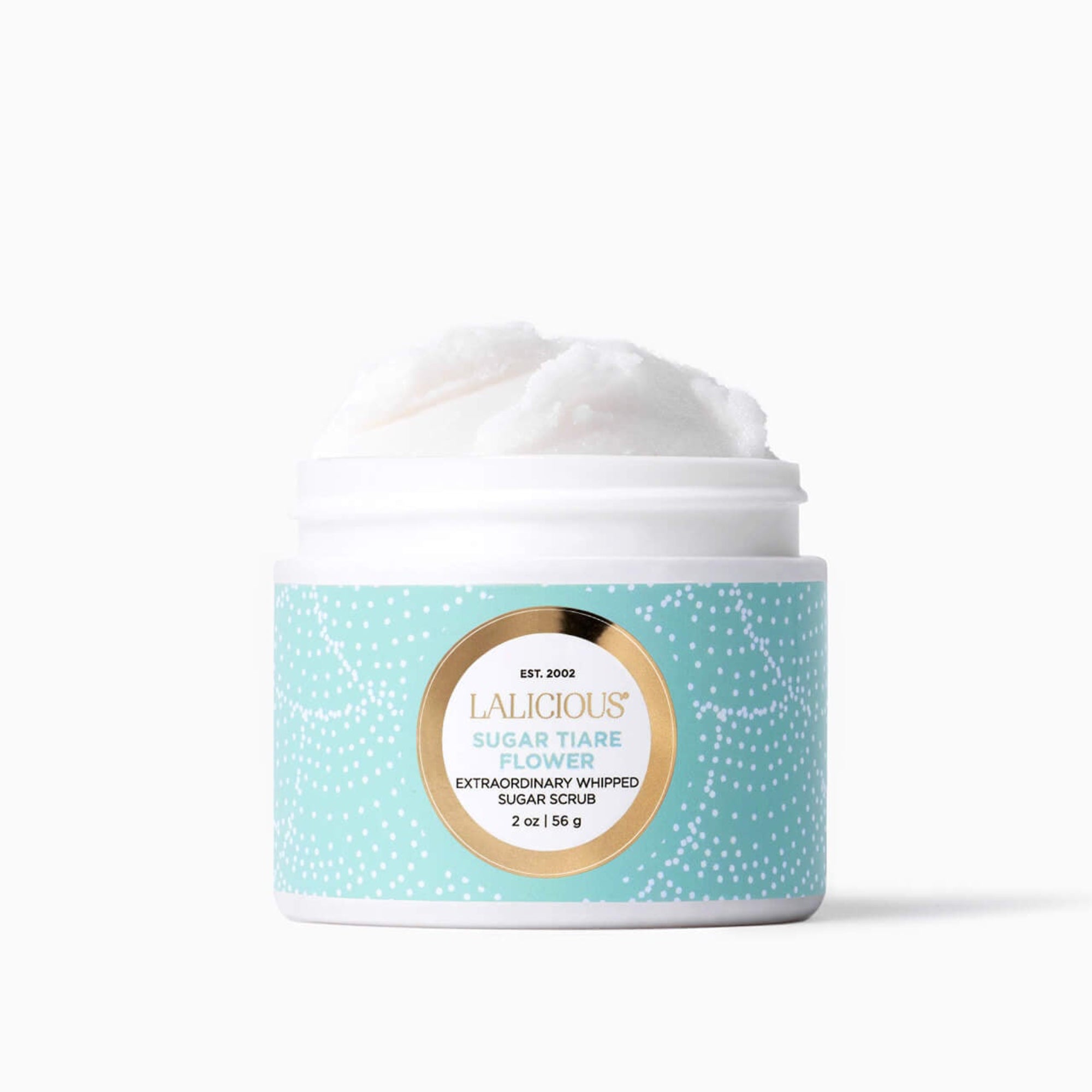 2oz Jar of Sugar Tiare Flower Sugar Scrub without a cap on a white background- LALICIOUS