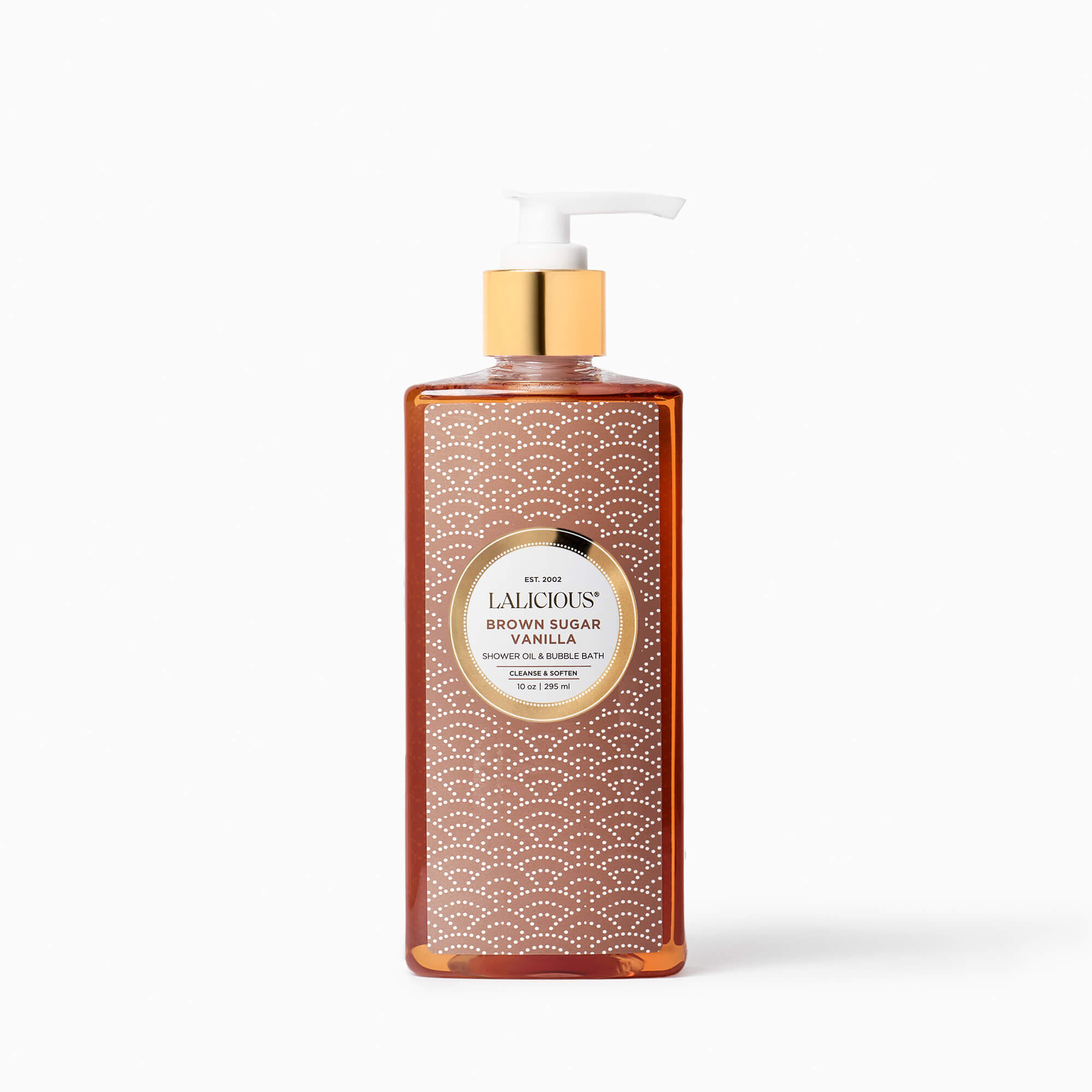Bottle of LALICIOUS 10oz Brown Sugar Vanilla Shower Oil & Bubble Bath bottle with a pump and a light brown label on a white background.