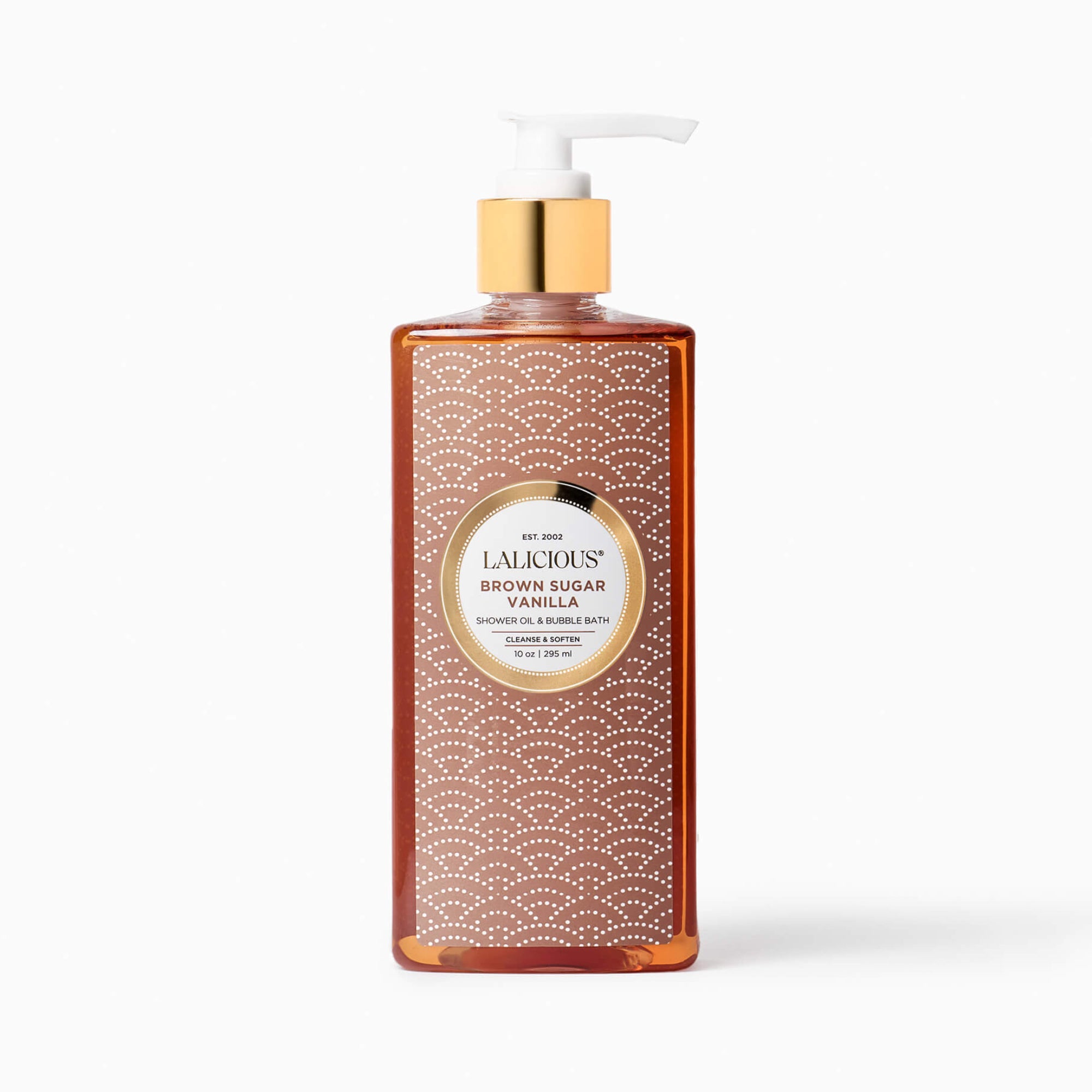 Bottle of LALICIOUS 10oz Brown Sugar Vanilla Shower Oil & Bubble Bath bottle with a pump and a light brown label on a white background.