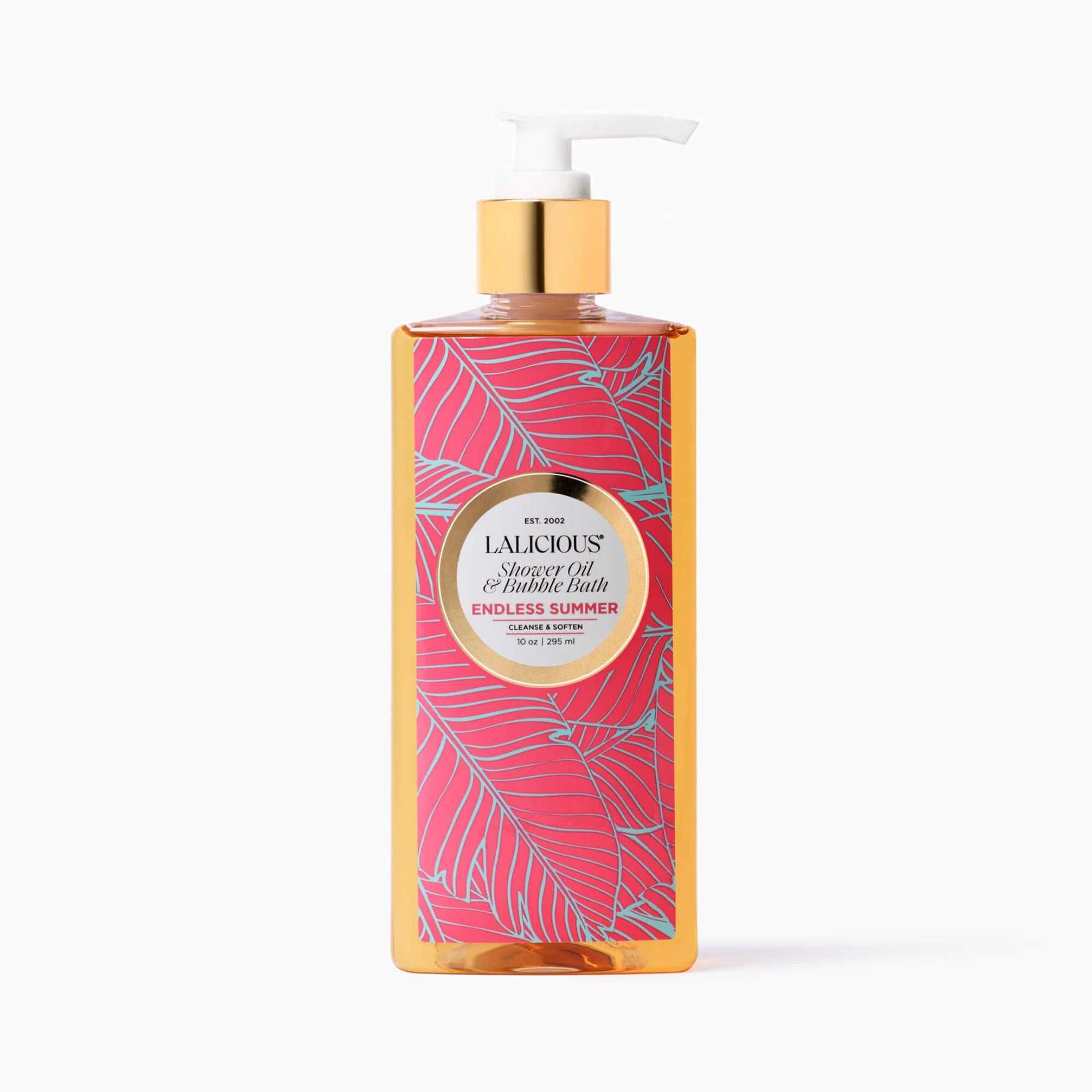LALICIOUS 10oz Endless Summer Shower Oil & Bubble Bath bottle with a pump and pink label on a white background.