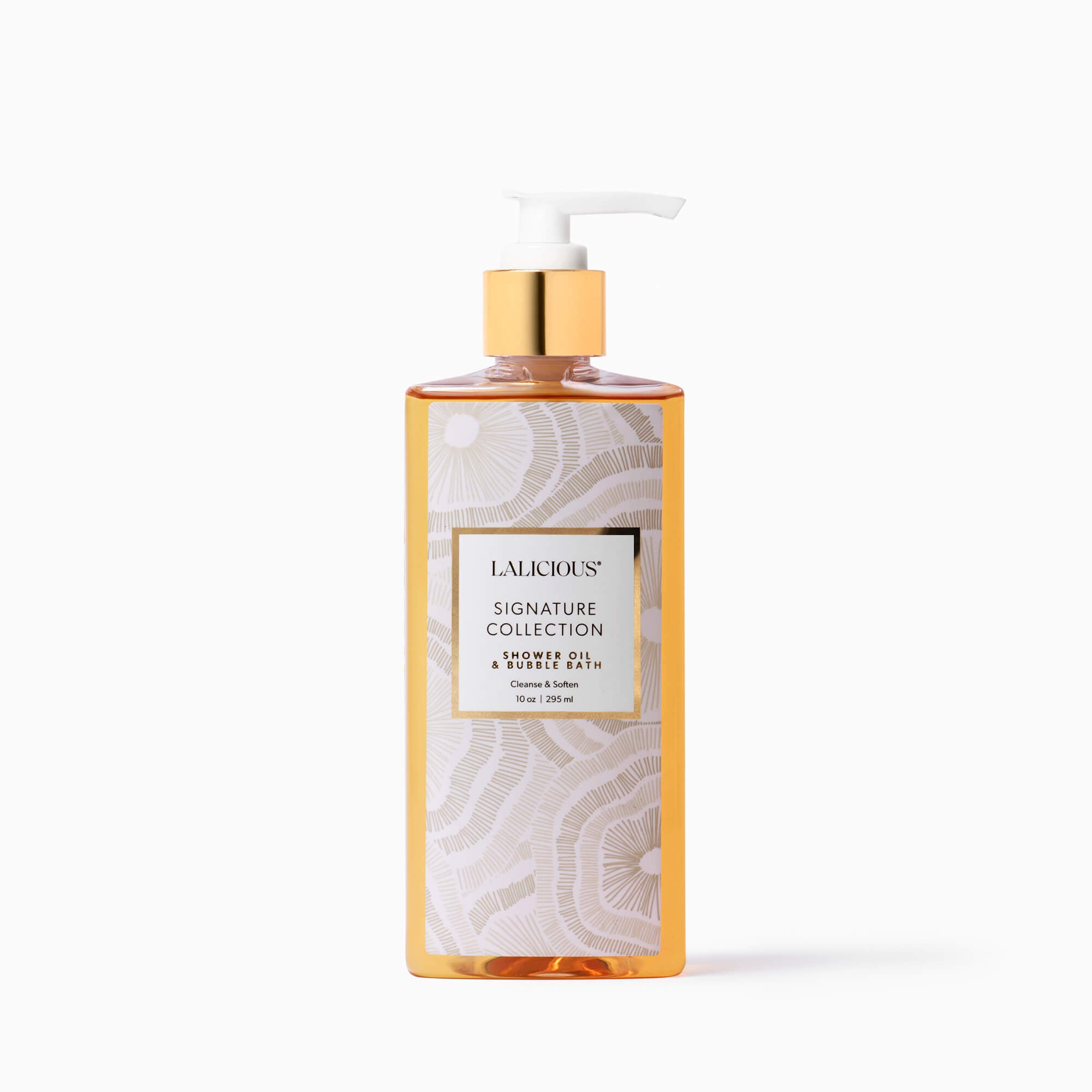 LALICIOUS Signature Collection 10oz shower oil & bubble bath bottle with gold pump on a white background