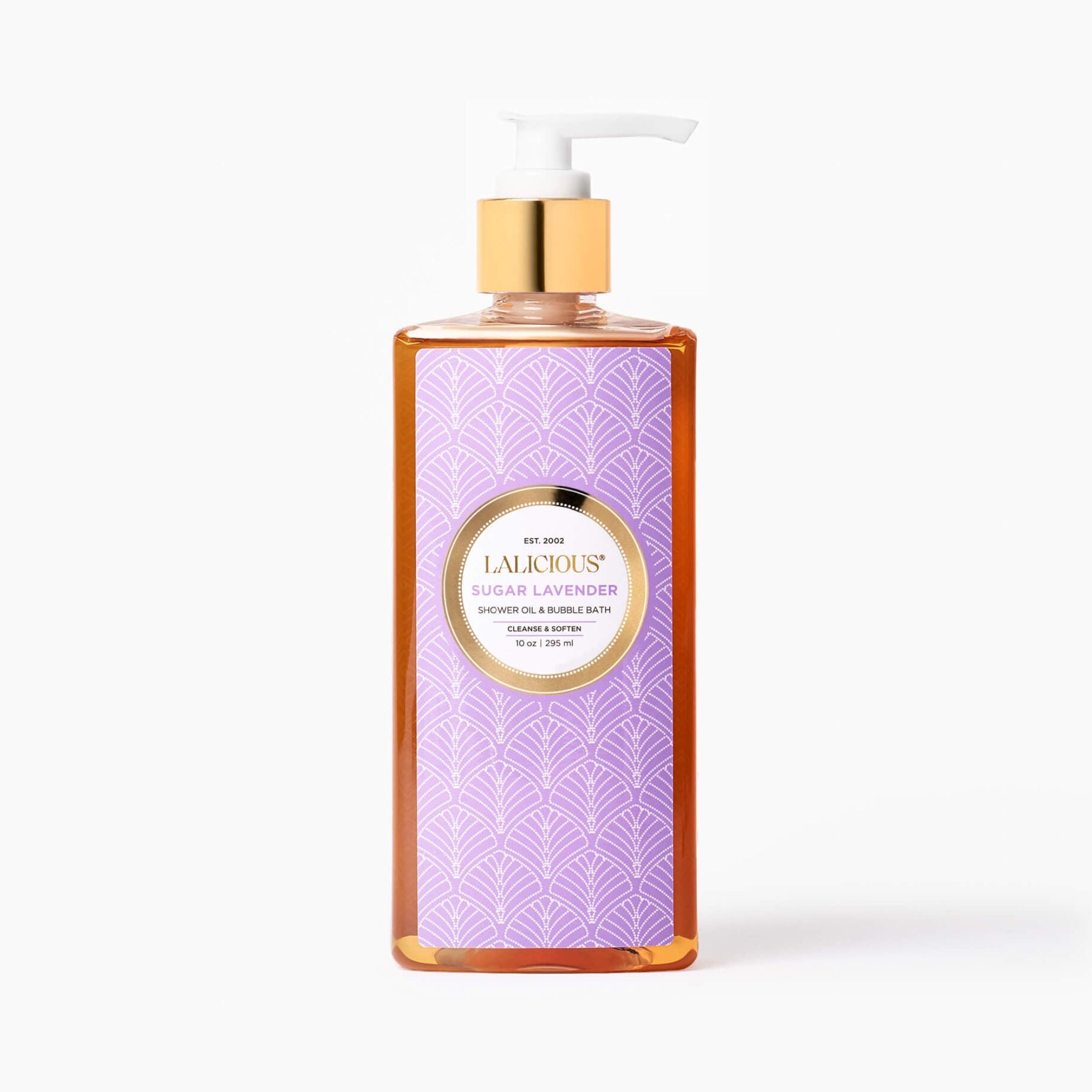 LALICIOUS 10oz Sugar Lavender Shower Oil bottle pump with a purple label on a white background.