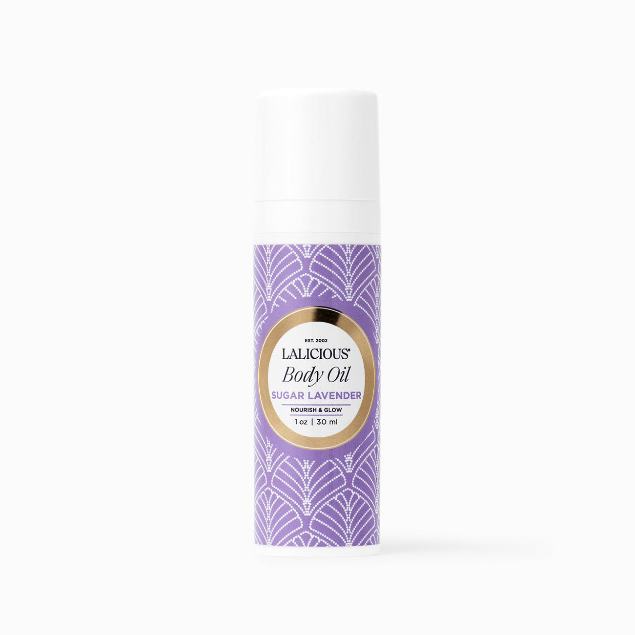 LALICIOUS 1oz Sugar Lavender Body Oil with a purple label on a white background.