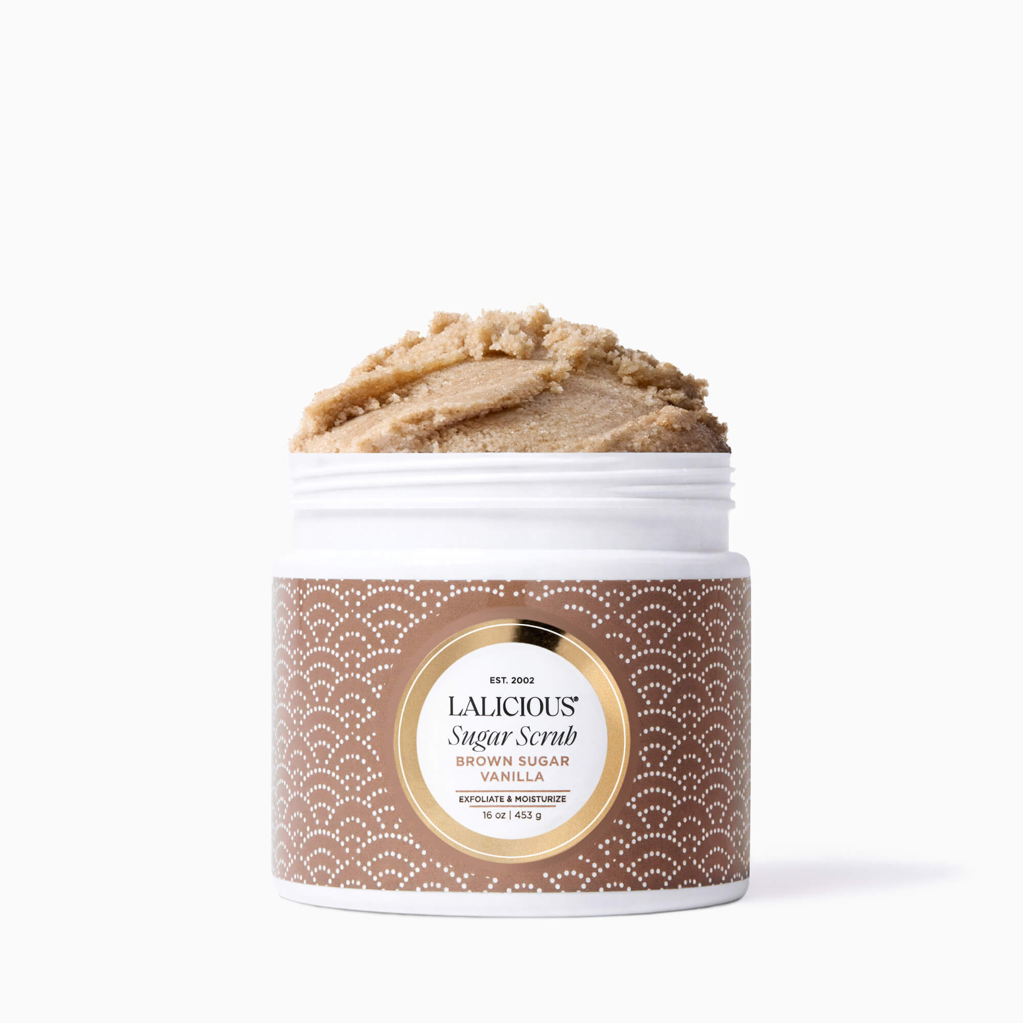 Jar of LALICIOUS Brown Sugar Vanilla Sugar Scrub with brown sugar visible on a white background