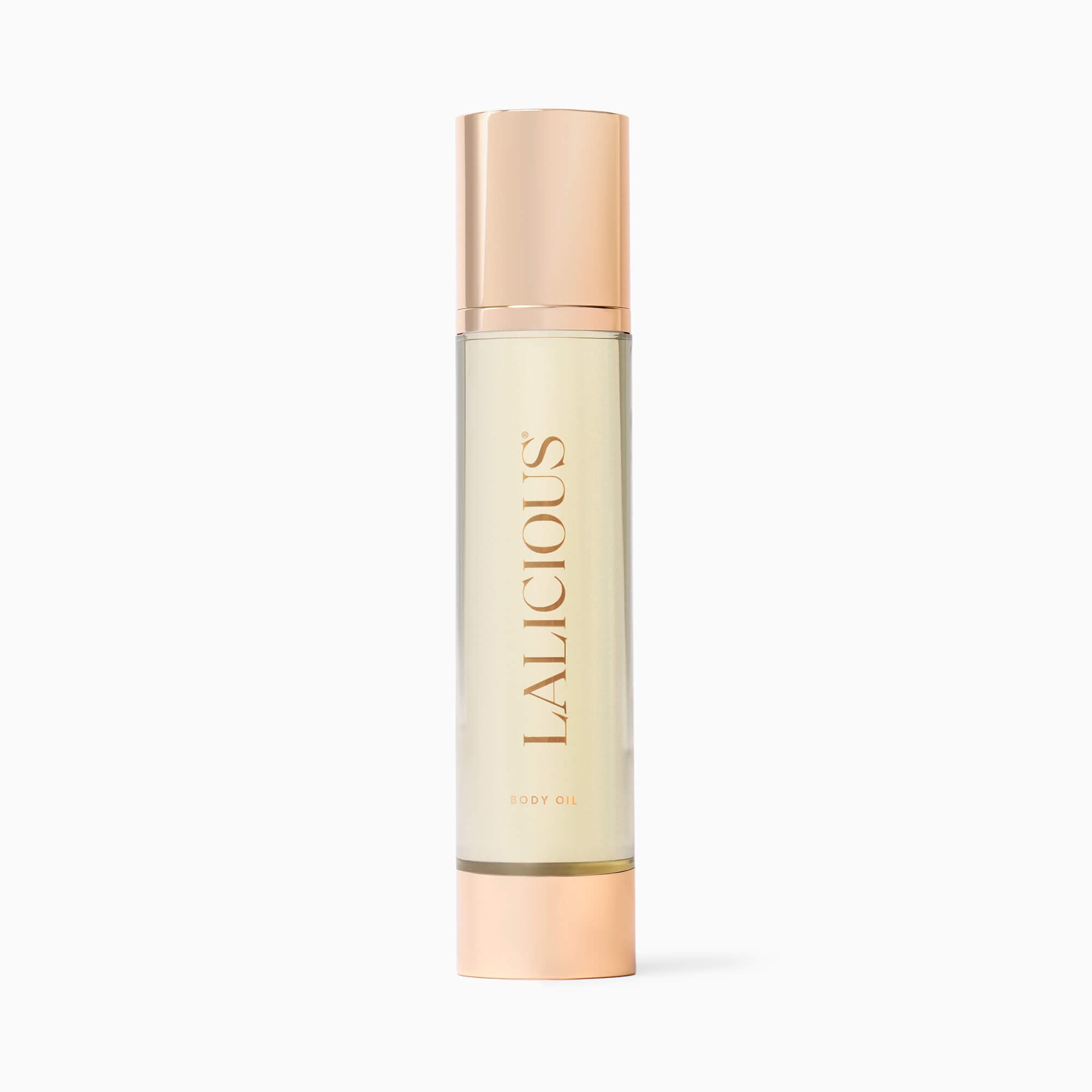 LALICIOUS 4oz Signature Collection Body Oil bottle with gold cap and body on a white background