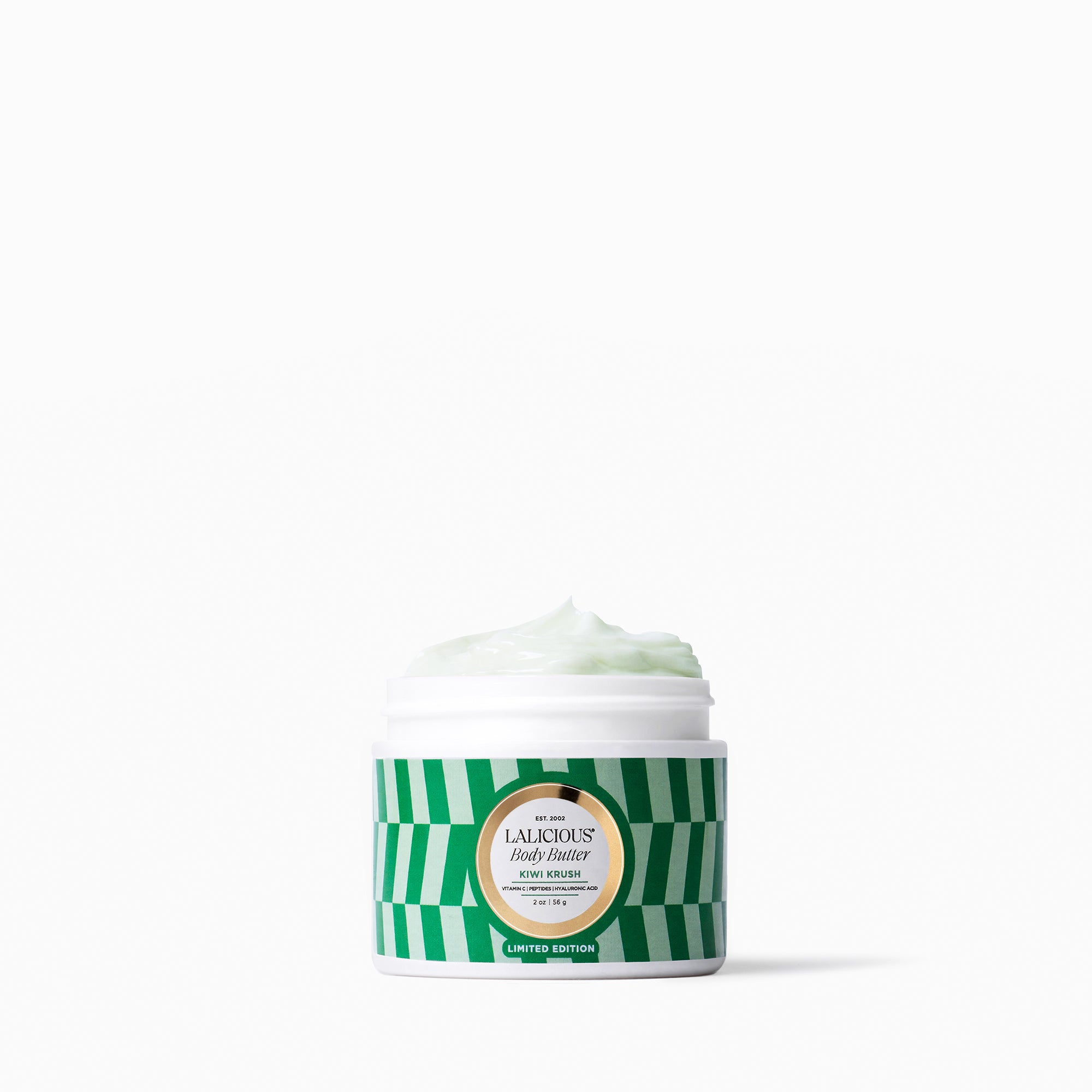 2oz Jar of Kiwi Krush Body Butter with green checkered pattern label on a white background-Jar has no cap. LALICIOUS