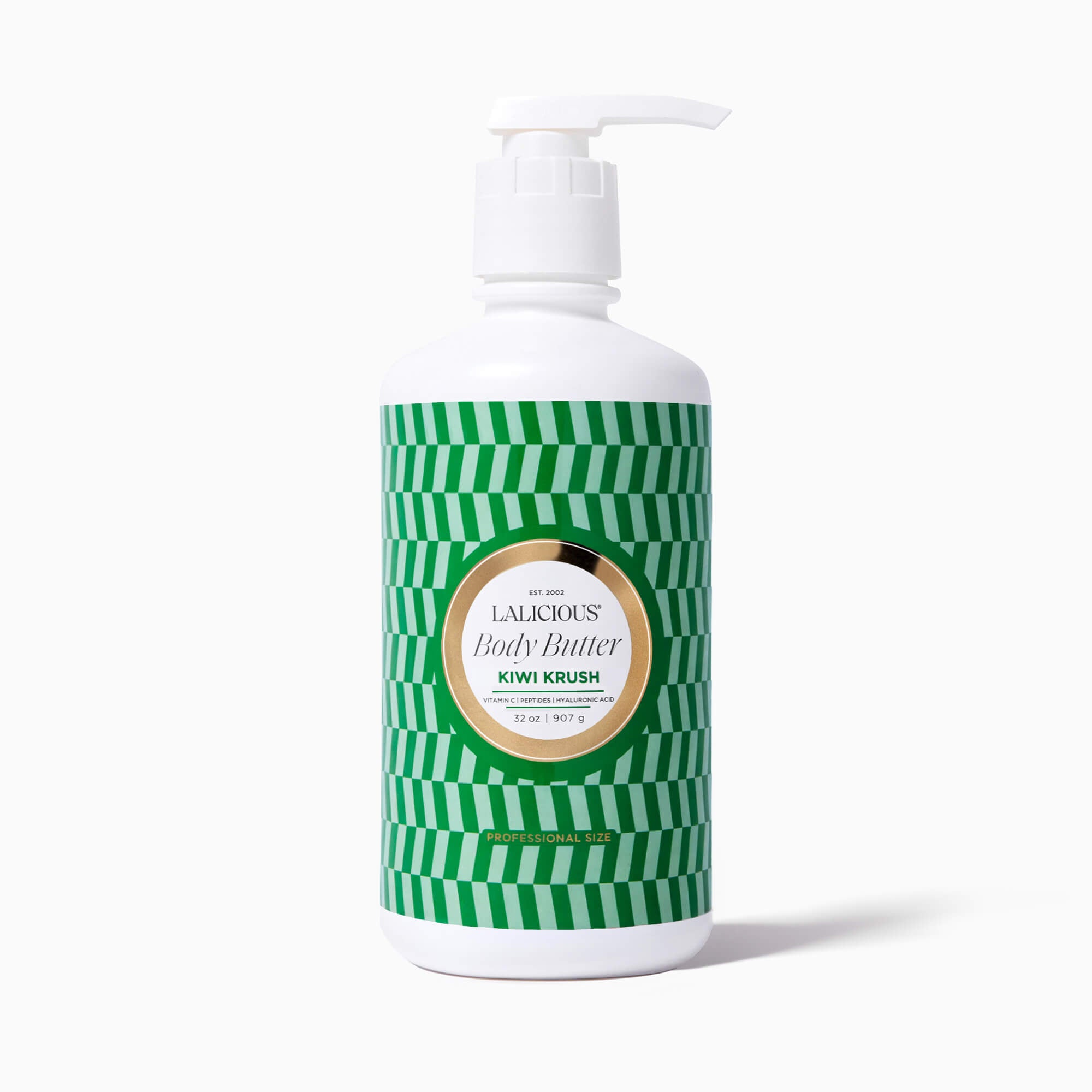 32oz Value Size Kiwi Krush Body Butter Bottle with pump and green checkered label on a white background- LALICIOUS