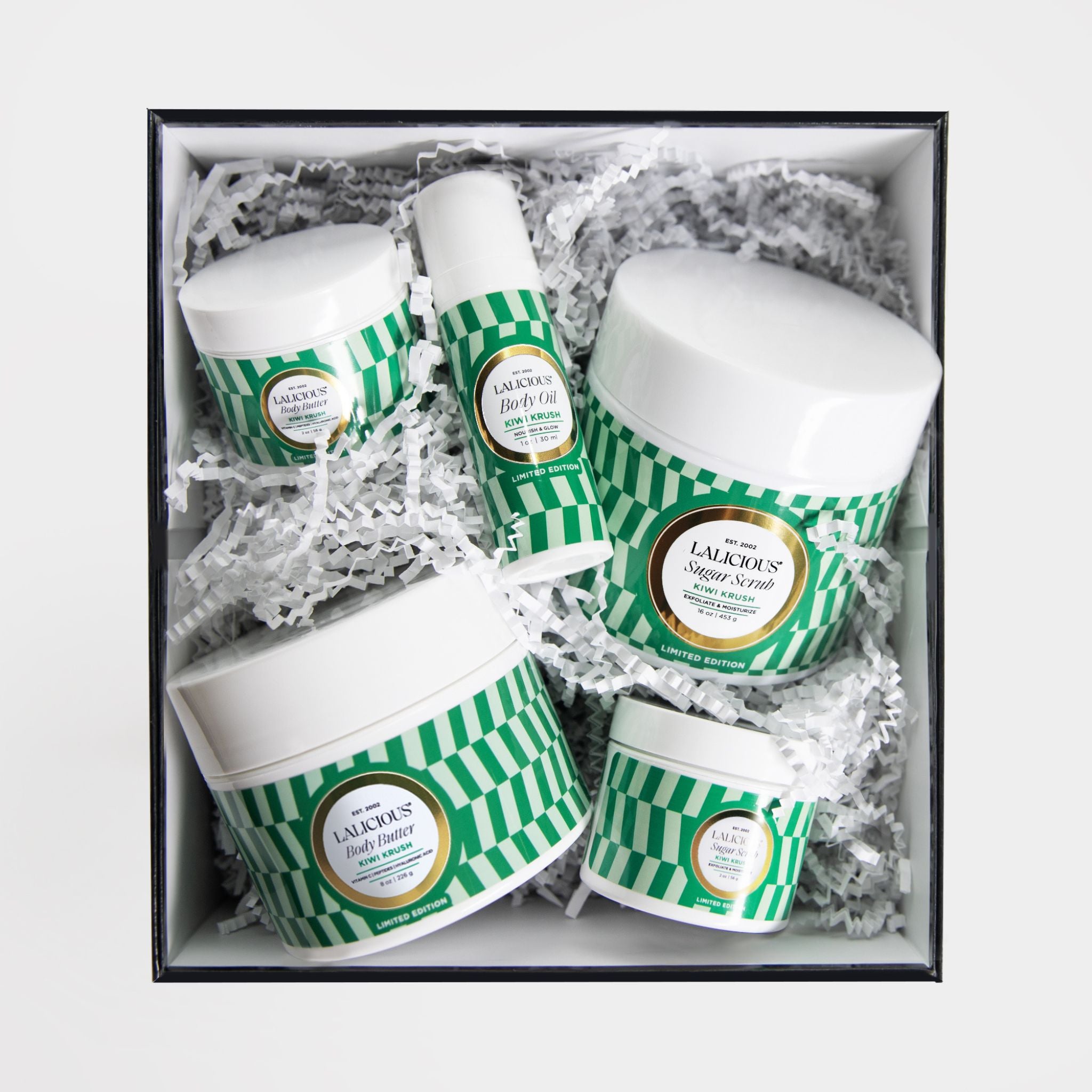 Top view of the Kiwi Krush Collection Box with all Kiwi Krush products - LALICIOUS
