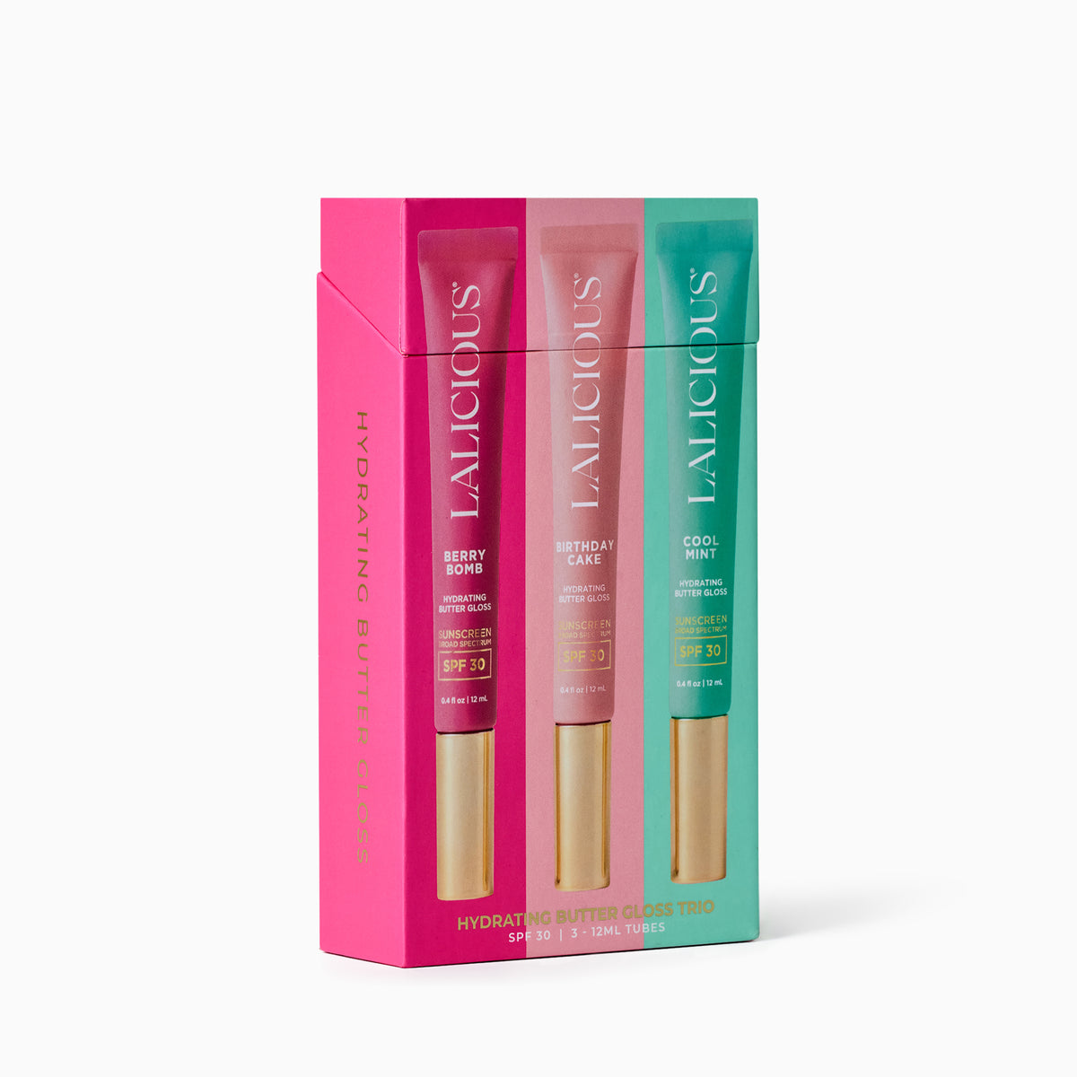 LALICIOUS Hydrating Butter Gloss SPF 30 sunscreen set in a bright pink box, containing three tubes: Berry Bomb, Hydrating Cake, and Cool Mint on a white background.