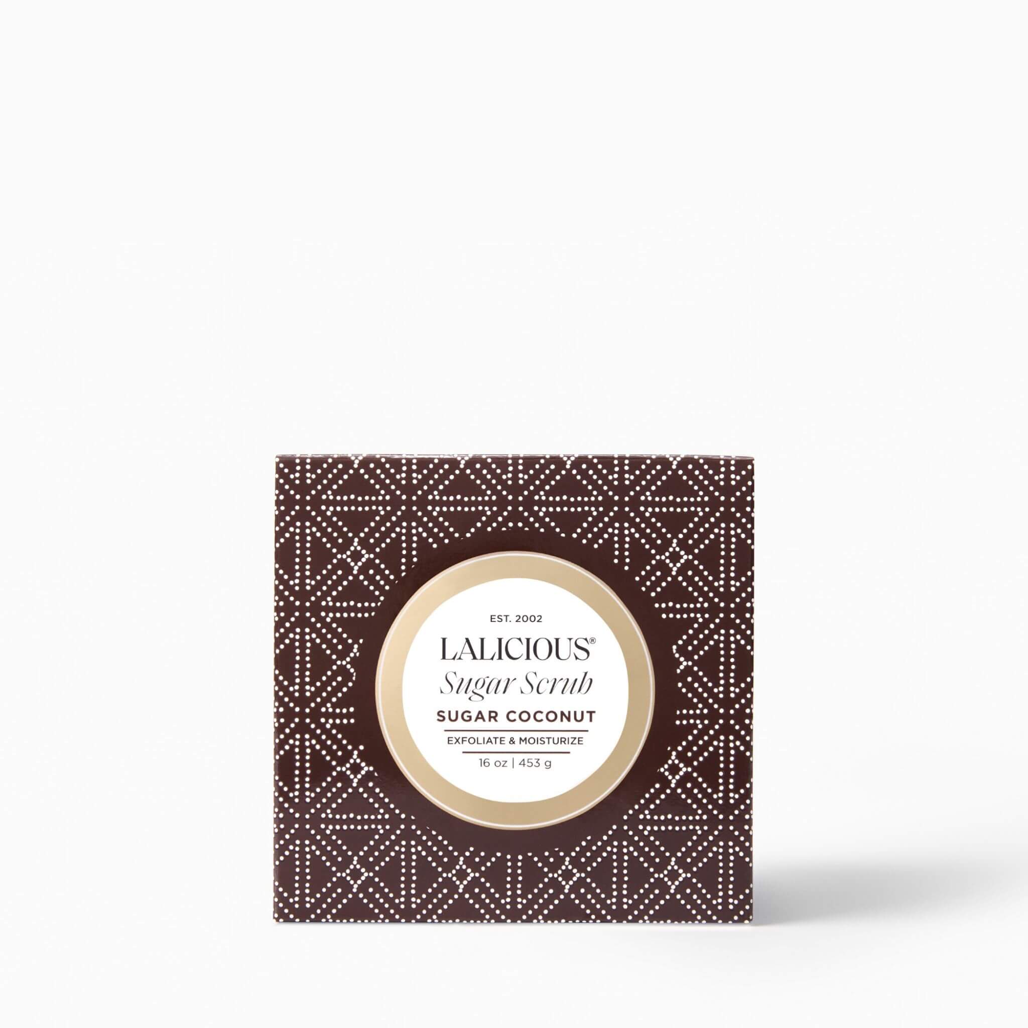 LALICIOUS 16oz Sugar Coconut Sugar Scrub box with decorative pattern on a white background