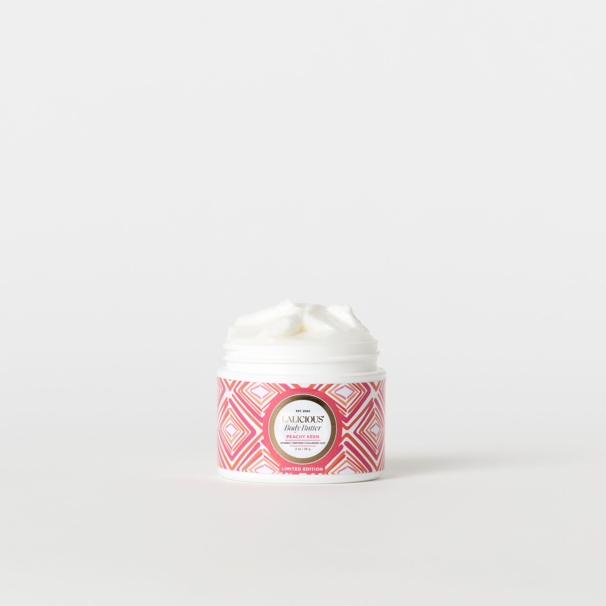 Peachy Keen Body Butter 2oz jar with no cap on a white background - LALICIOUS