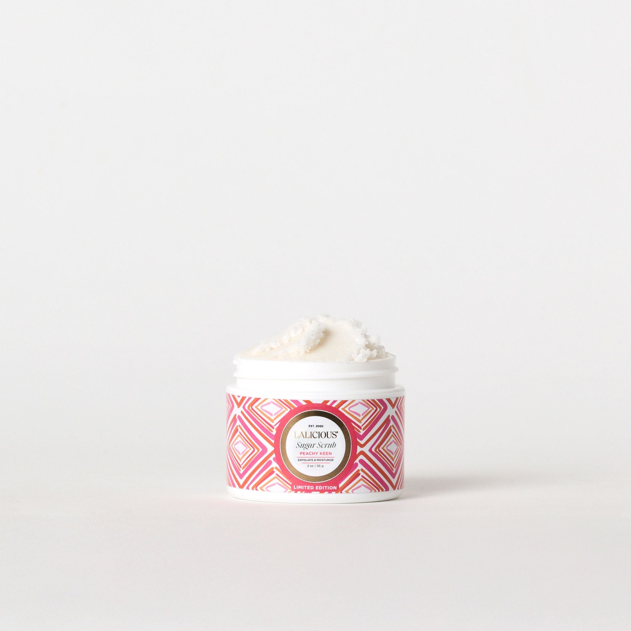Peachy Keen Sugar Scrub jar without a cap on a white background- LALICIOUS