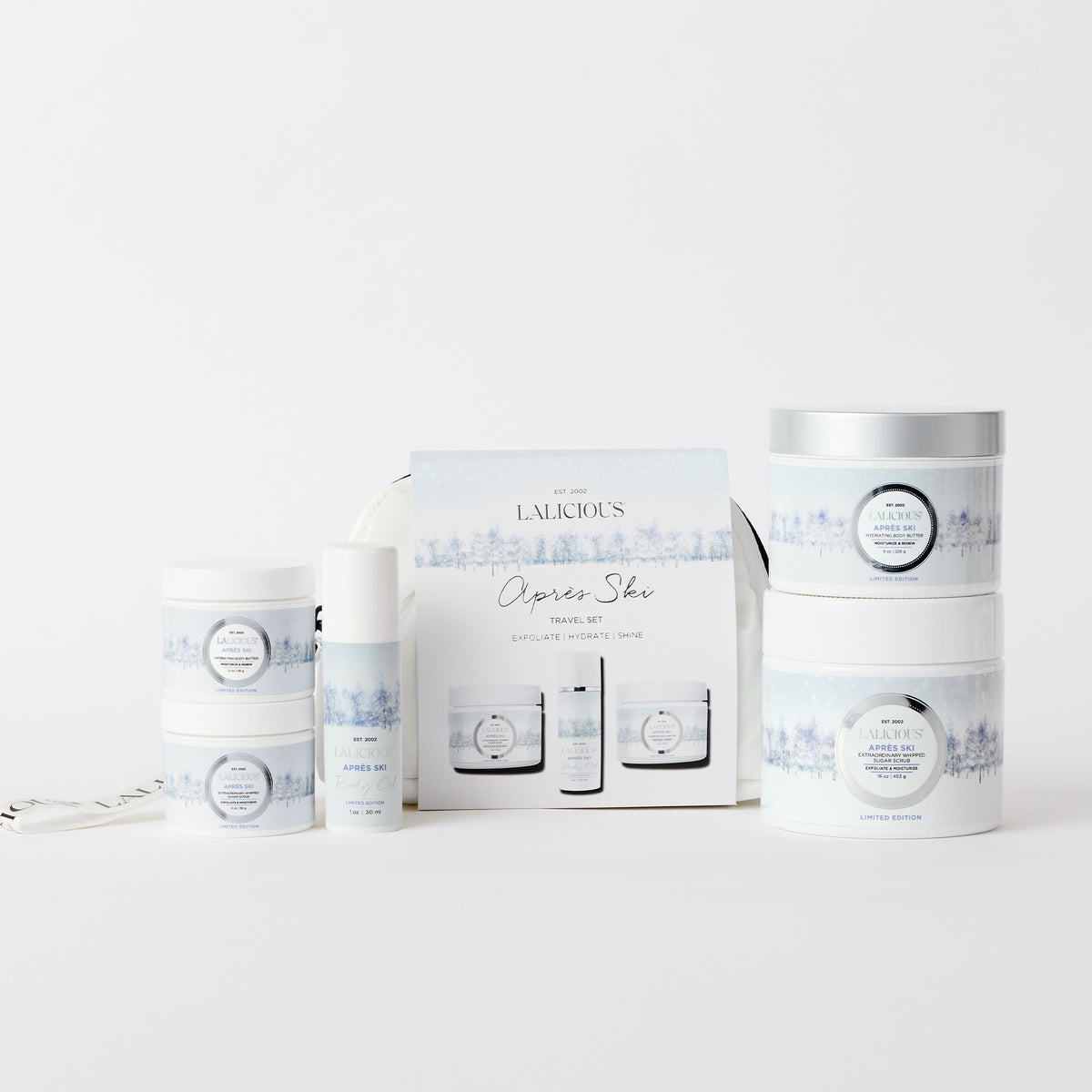 Après Ski Product Collection  Sugar Scrub, Body Butter, Travel Set on a white background. LALICIOUS