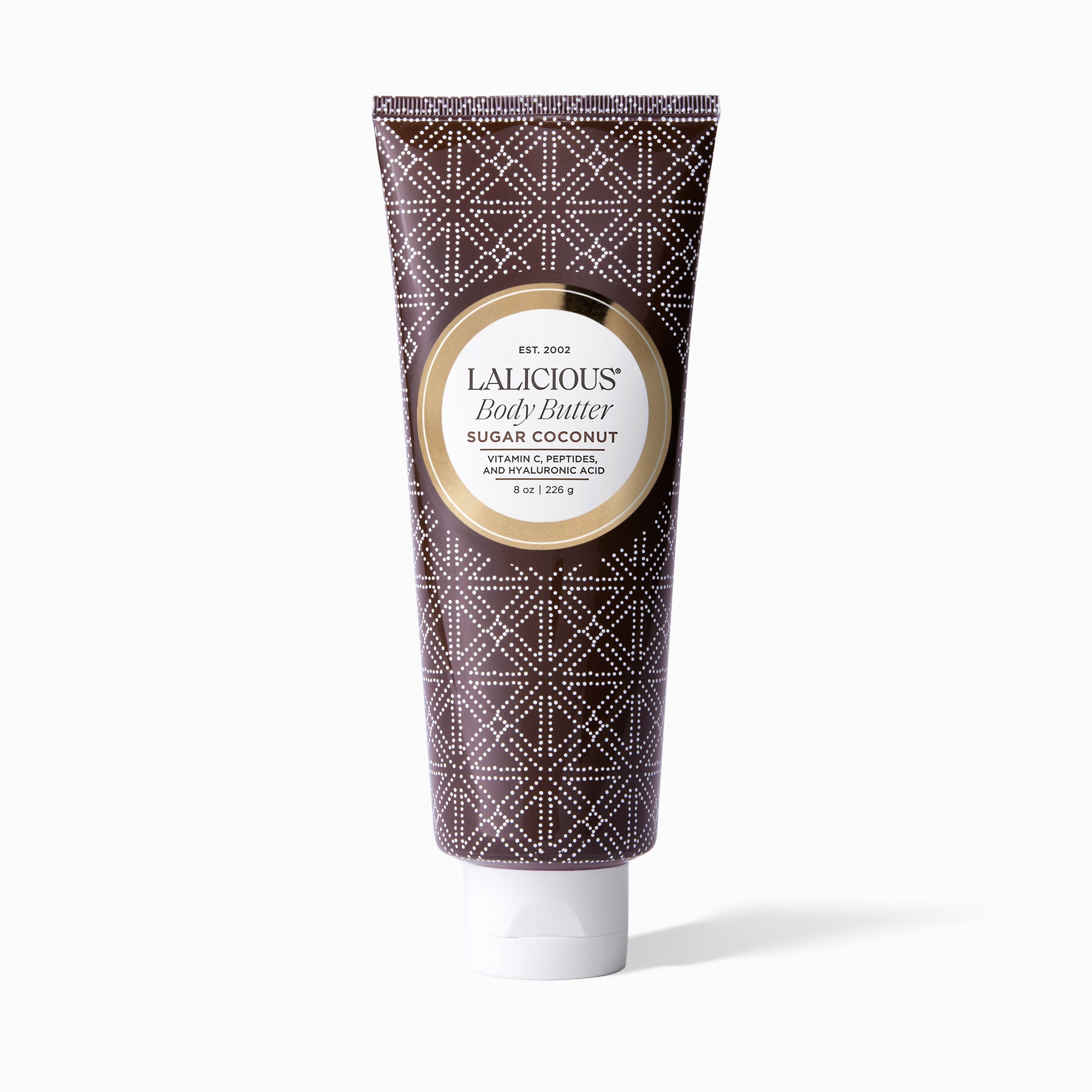 Tube of LALICIOUS Sugar Coconut Body Butter on a white background. 