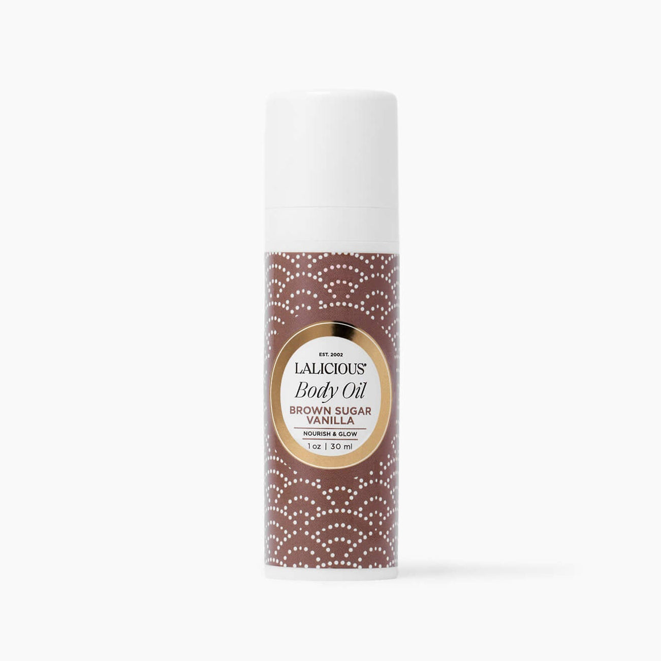 LALICIOUS Brown Sugar Vanilla Body Oil 1oz Bottle with a light brown patterned label on a white background