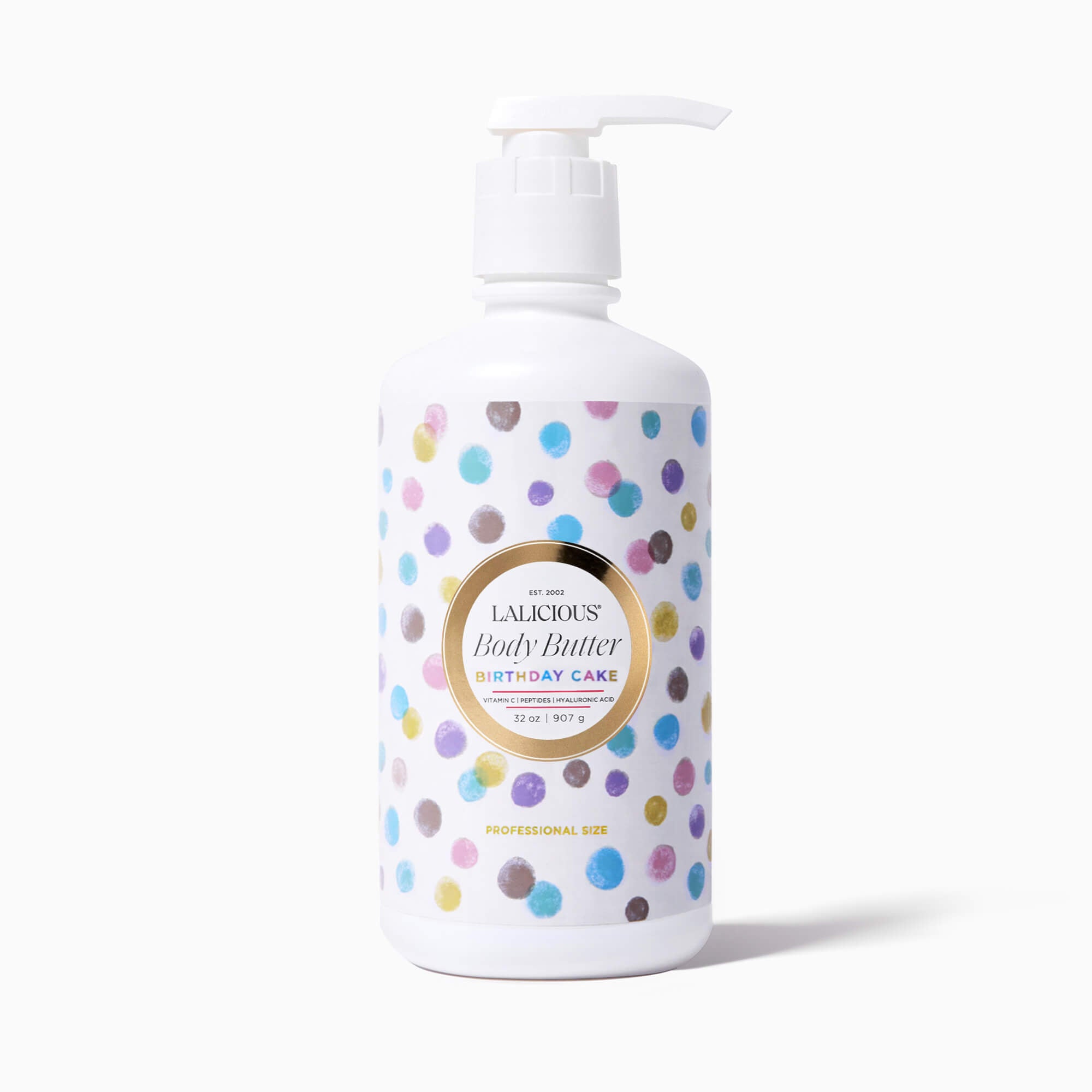 32oz Bottle with pump of Birthday Cake Body Butter  on a white background- LALICIOUS