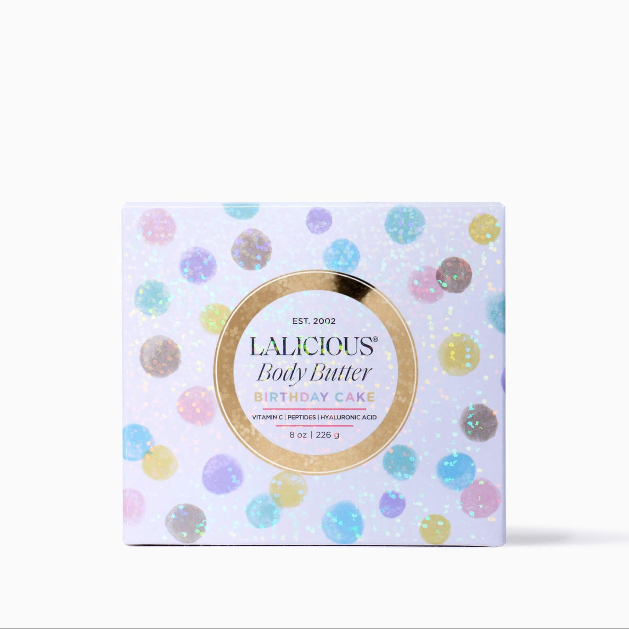 LALICIOUS Body Butter Birthday Cake box with colorful polka dots on a white background