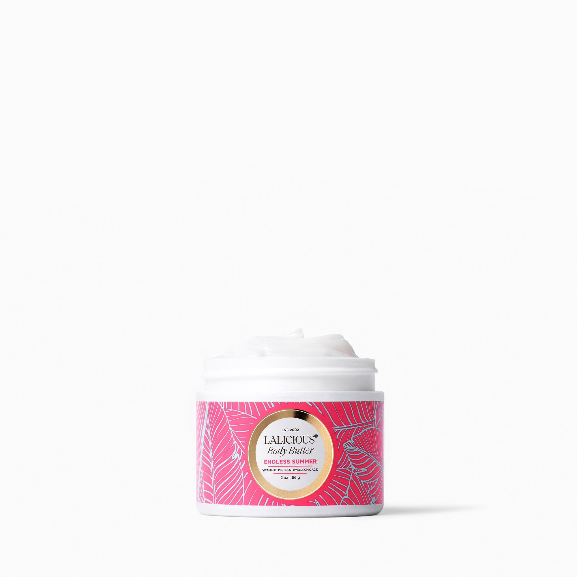 2oz jar of Endless Summer Body Butter with a hot pink label on a white background- LALICIOUS