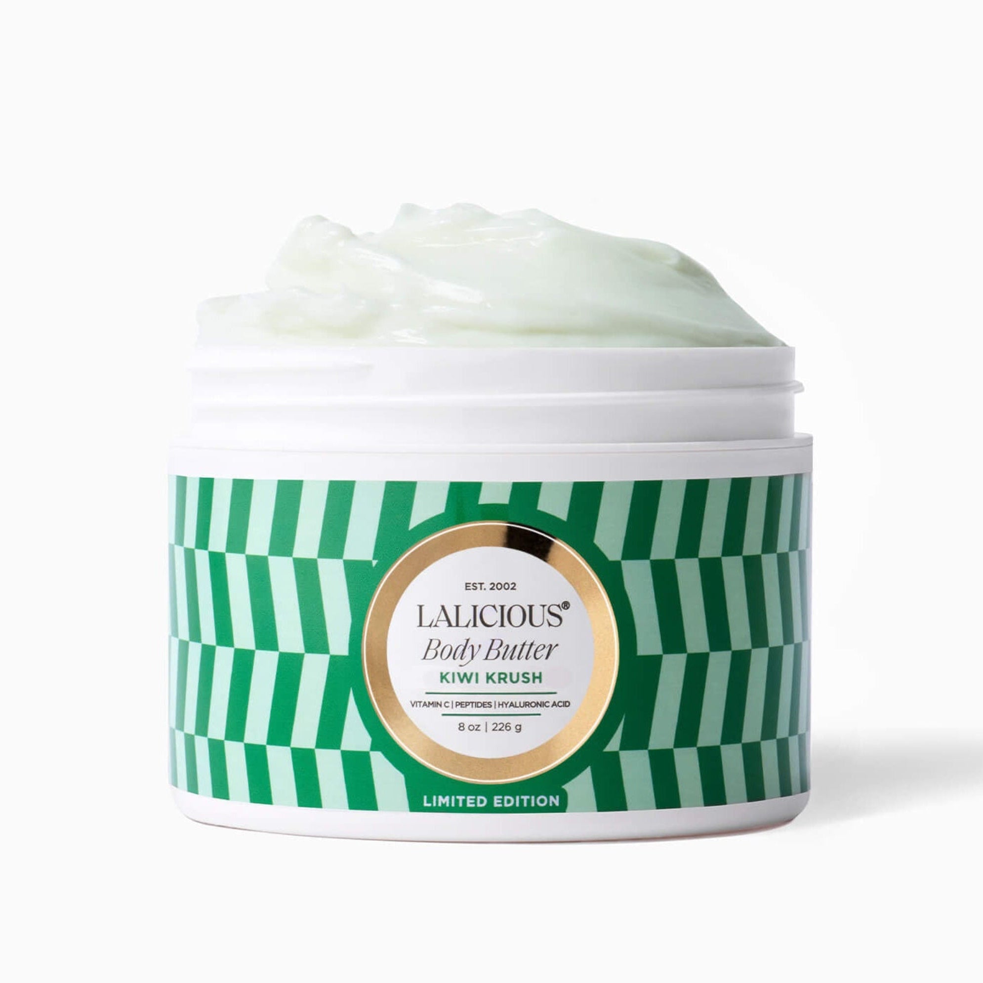8oz Kiwi Krush Body Butter jar without cap and with a green checkered patterned label on a white background - LALICIOUS