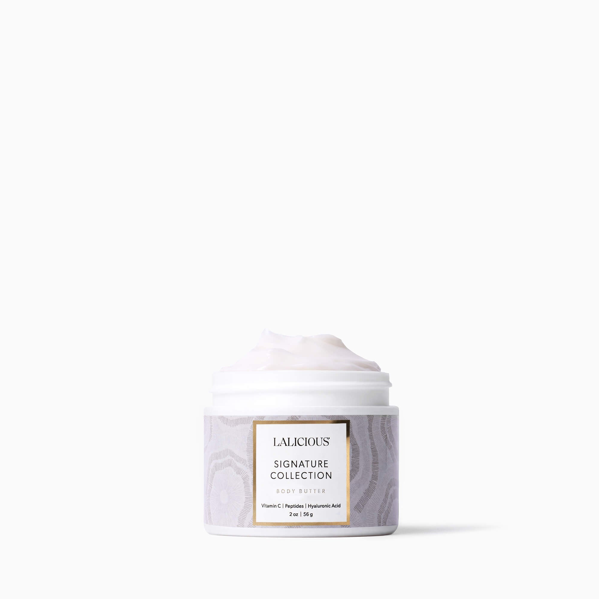 The  Signature Collection 2oz Body Butter jar without a cap on a white background - LALICIOUS