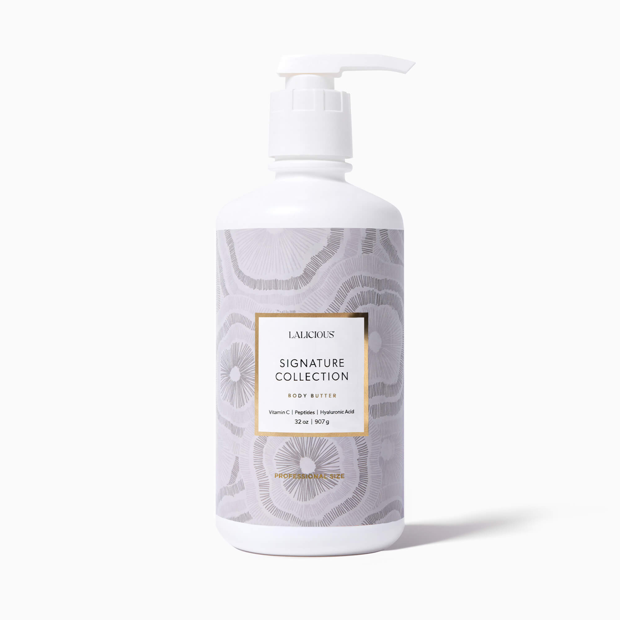 Value Size 32oz Signature Collection Body Butter  Bottle with pump  on a white background- LALICIOUS