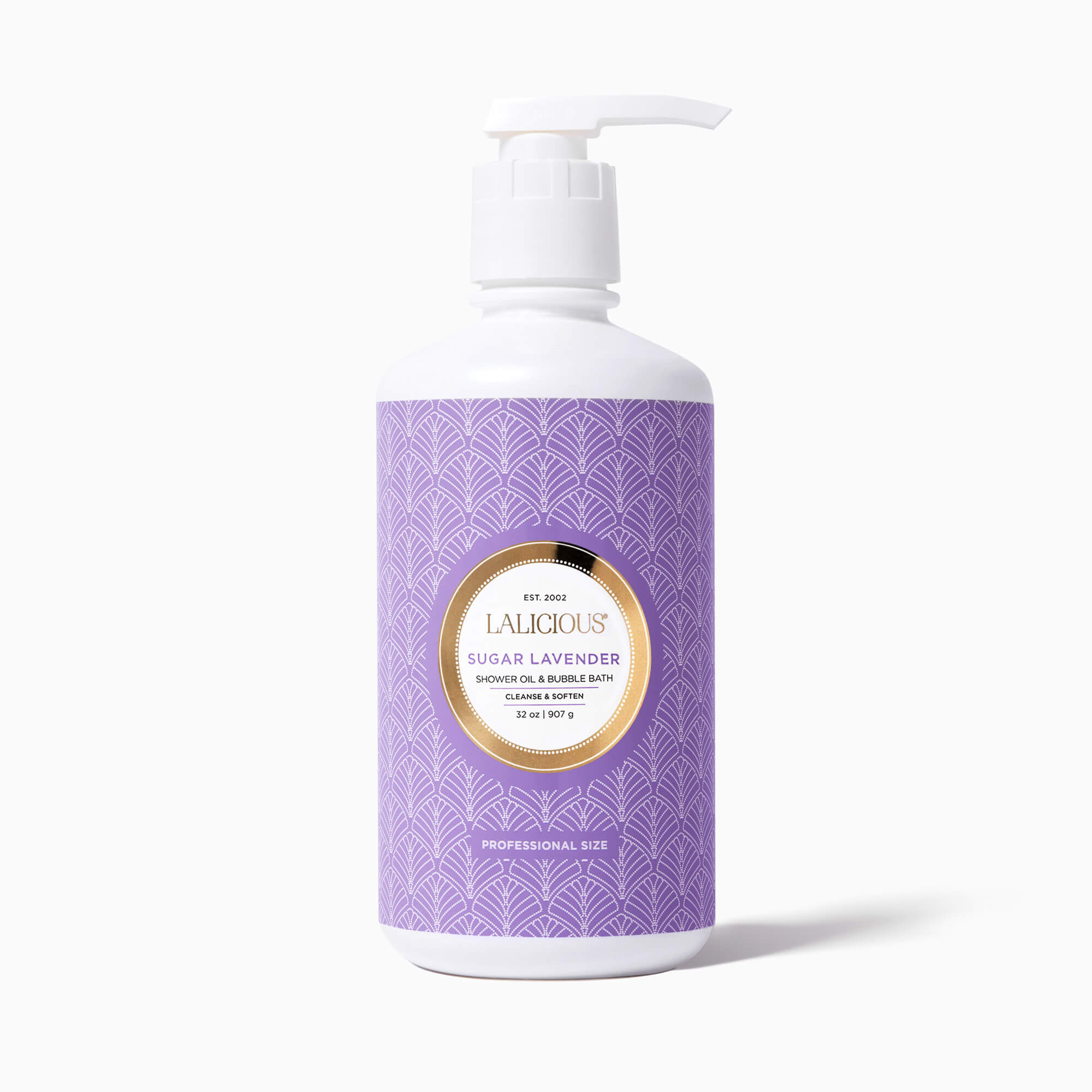 32oz value size Sugar Lavender Shower Oil & Bubble Bath with a purple label on a white background - LALICIOUS