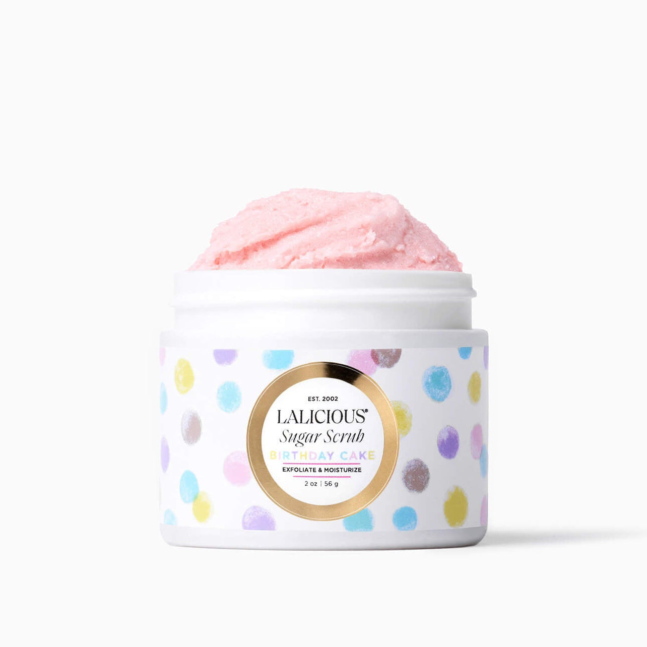 2oz jar of Birthday Cake Sugar Scrub without a cap on a white background- LALICIOUS
