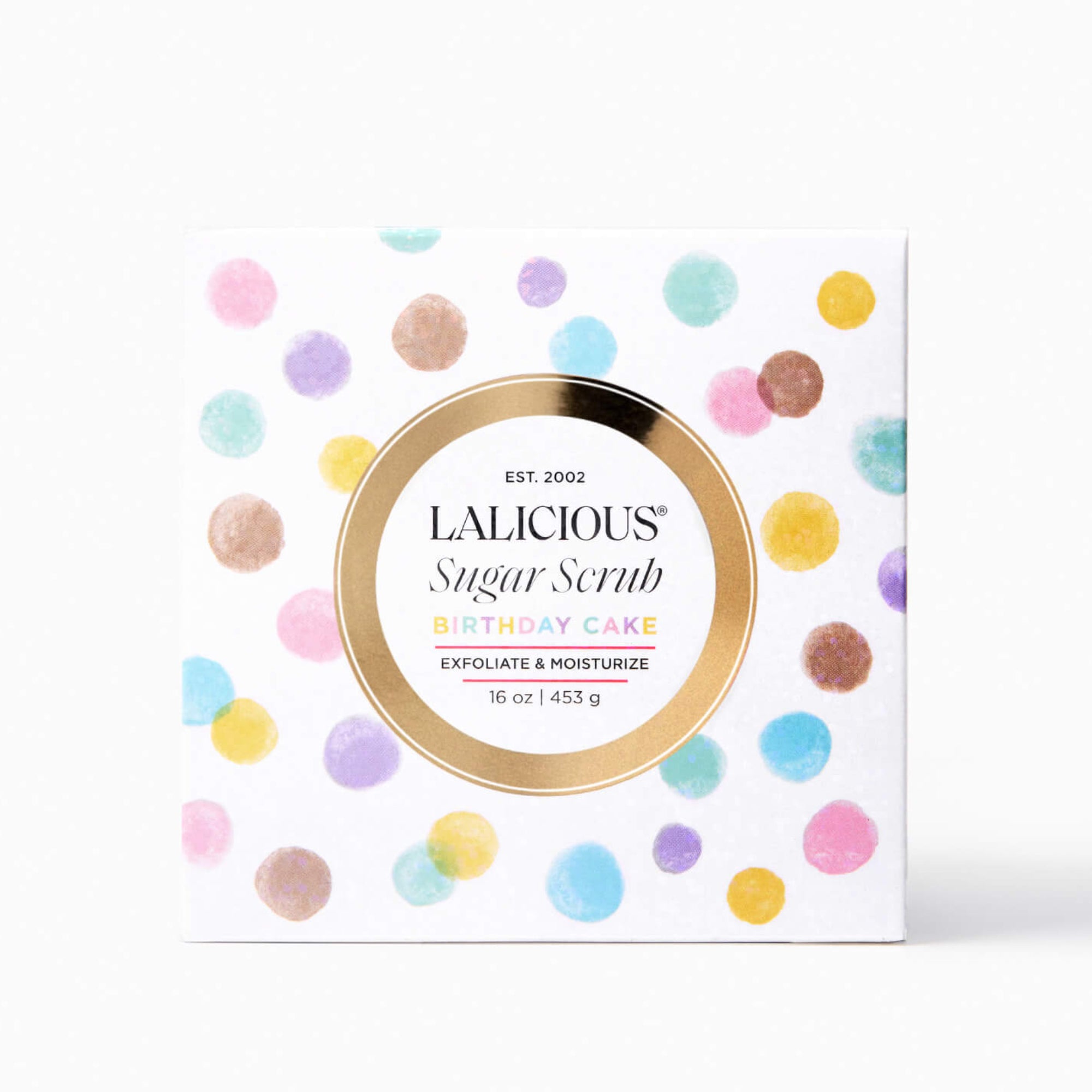 Birthday Cake Sugar Scrub box with colorful dots on a white background- LALICIOUS