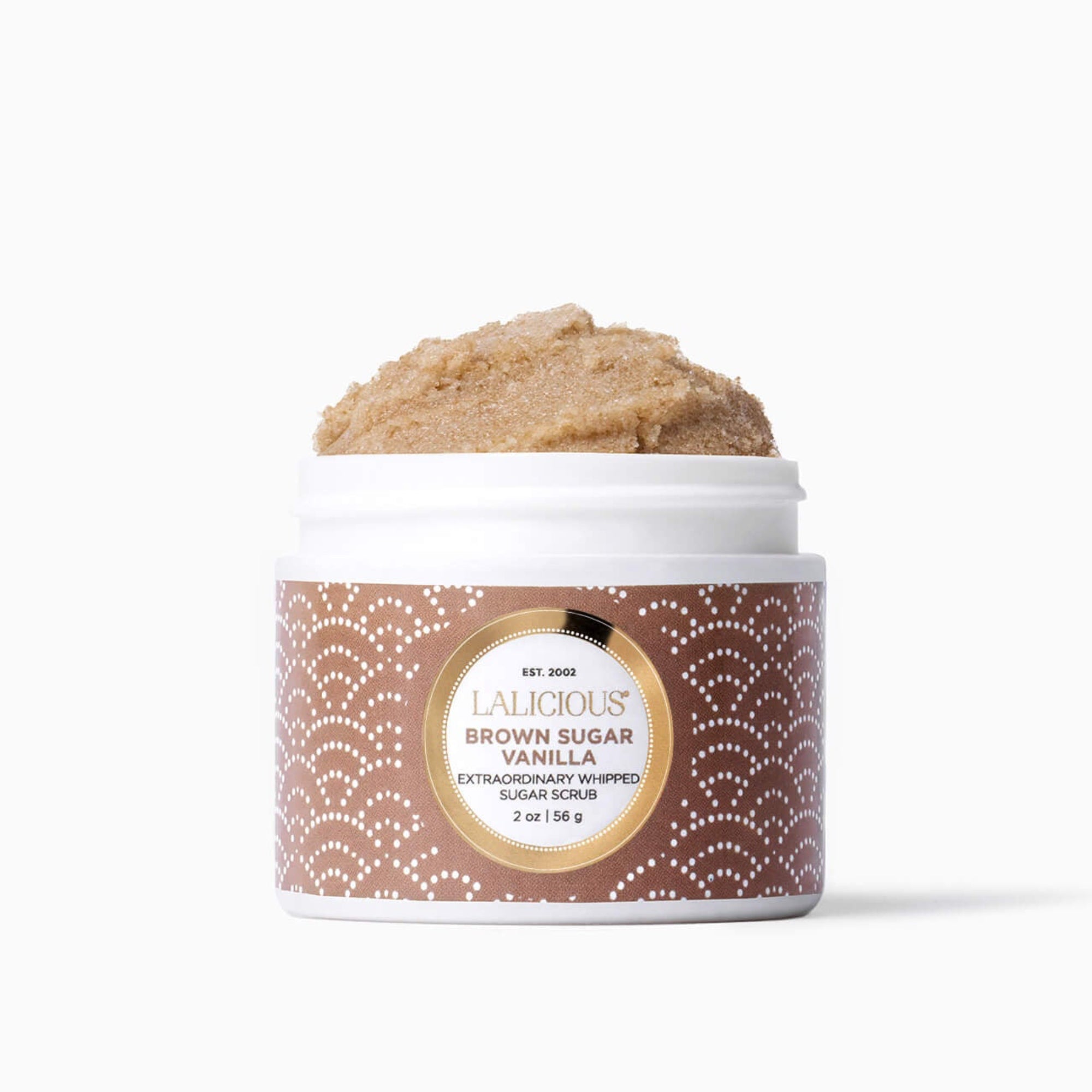2oz Jar of Brown Sugar Vanilla Sugar Scrub without a cap on a white background- LALICIOUS