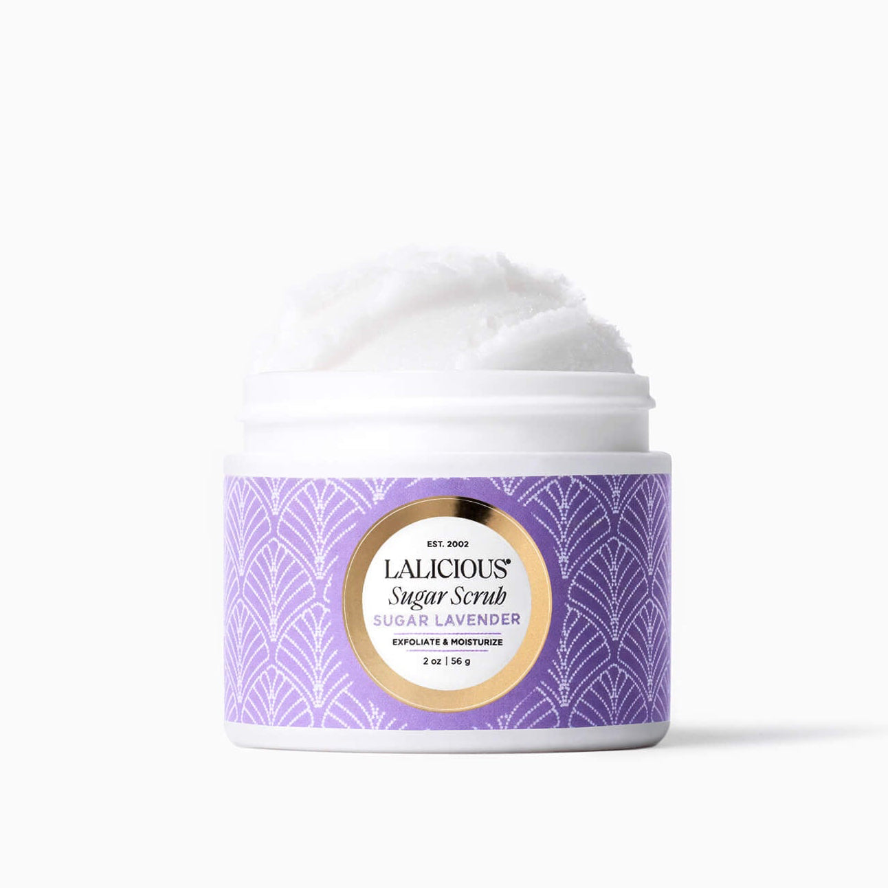 2oz Sugar Lavender Sugar Scrub jar without a cap on a white background- LALICIOUS