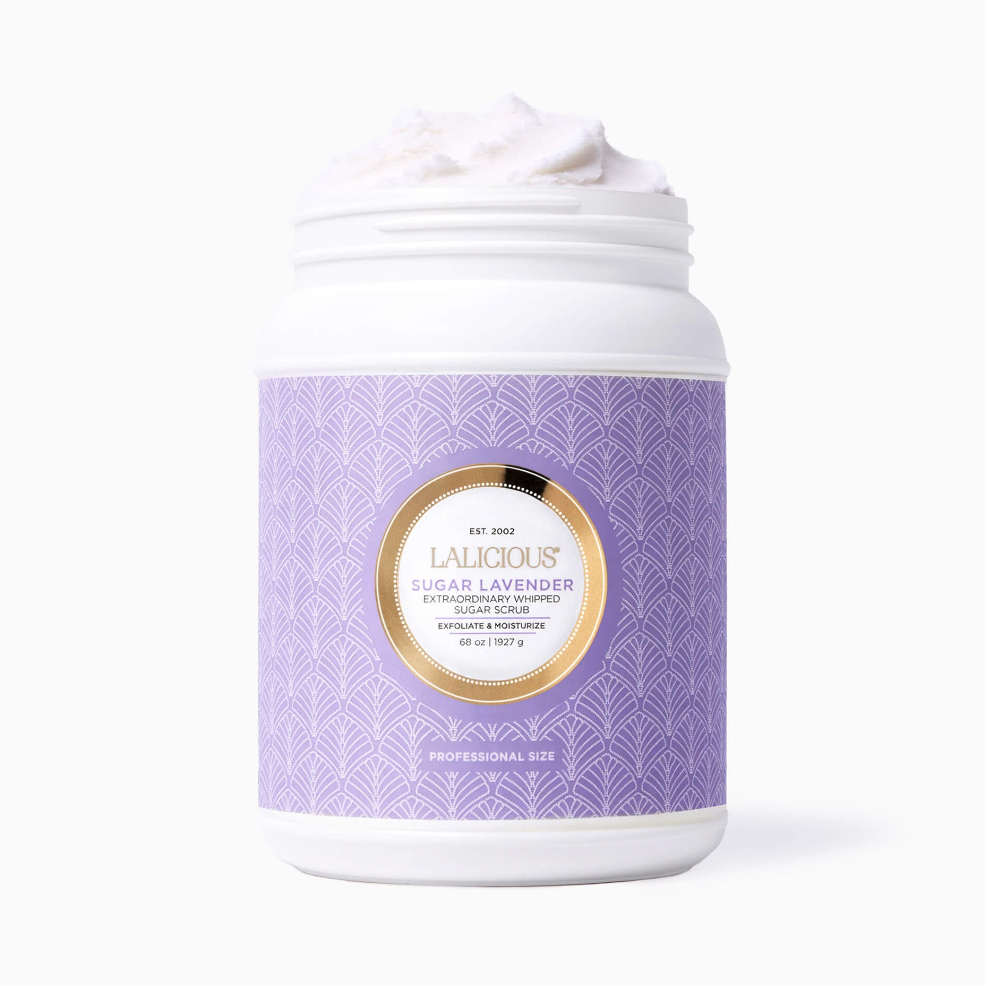 Value Size 68oz Sugar Lavender Sugar Scrub without a cap on a white background- LALICIOUS