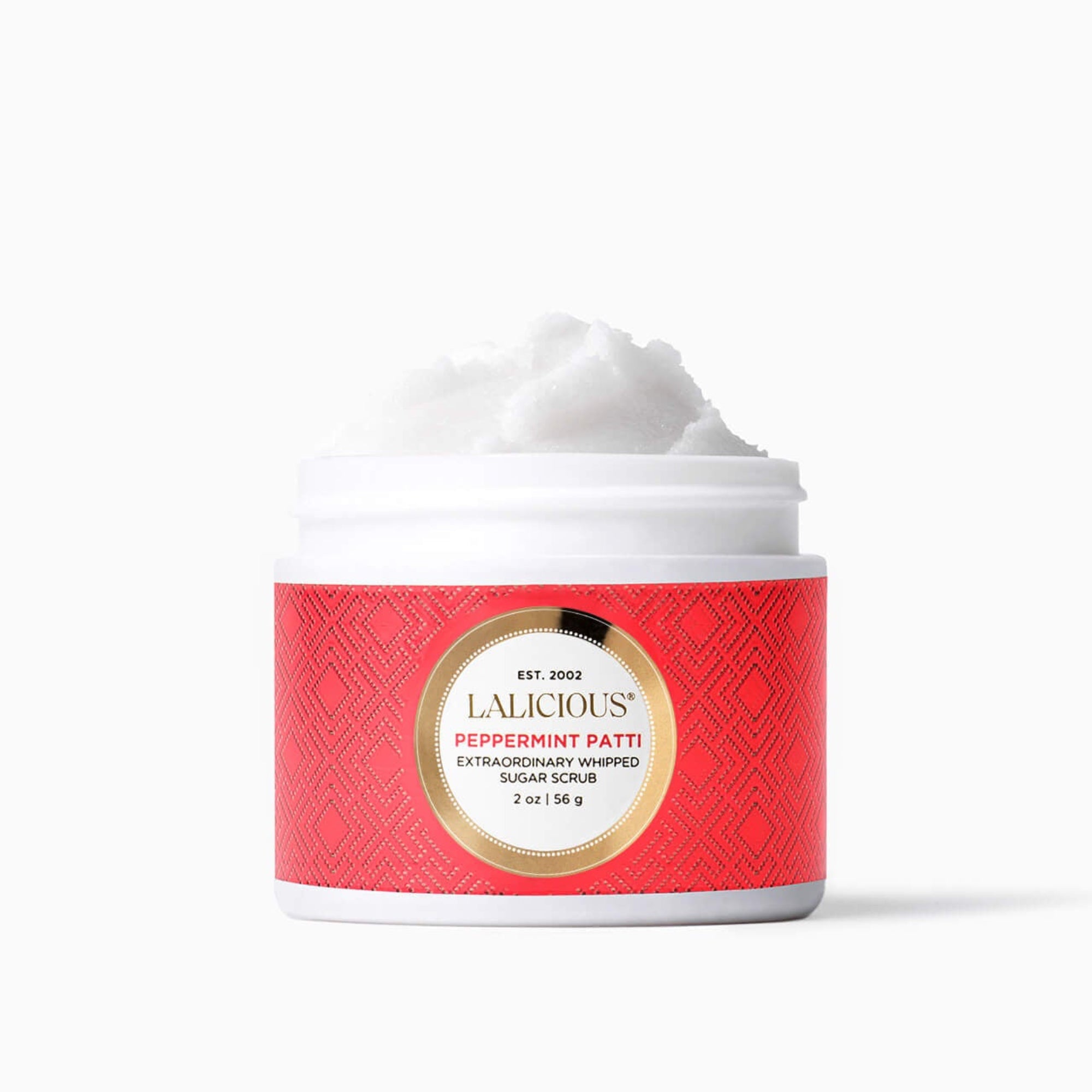 2oz Sugar Peppermint Sugar Scrub jar without a cap on a white background- LALICIOUS