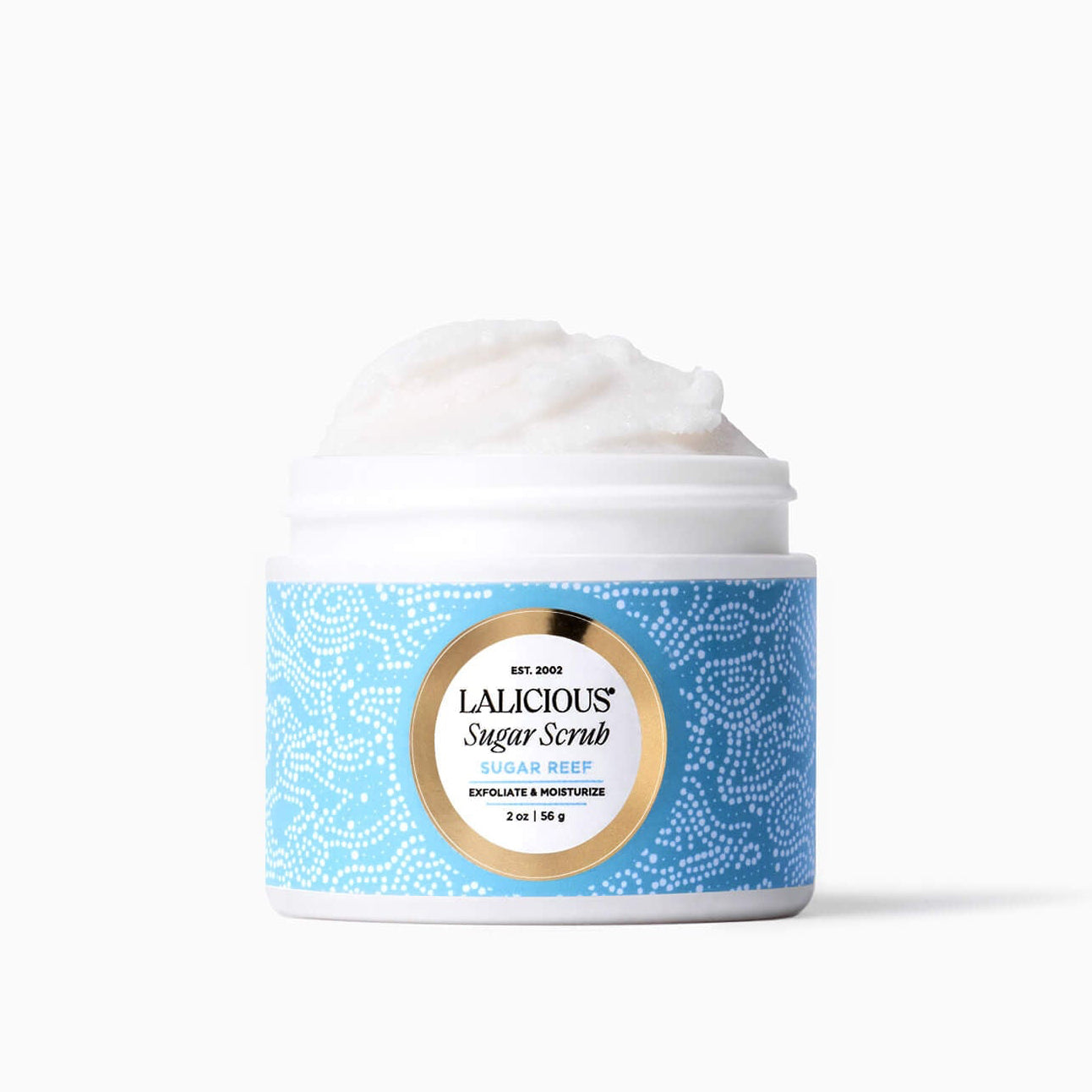 2oz Jar of Sugar Reef Sugar Scrub without  a cap on a white background - LALICIOUS